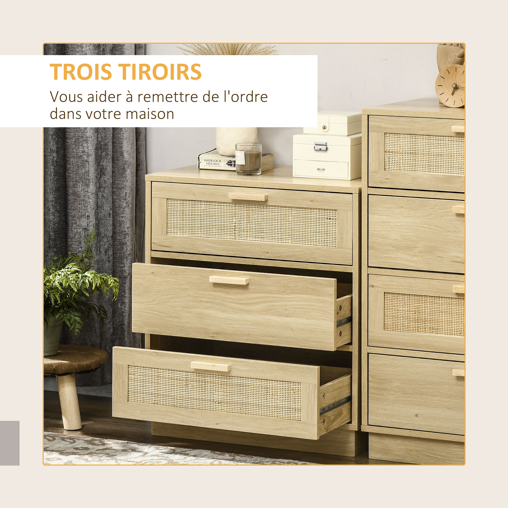 HOMCOM Commode 3 tiroirs Commode Chambre Meuble de Rangement Style bohème en Effet rotin Naturel, avec Cadre en Bois pour Chambre à Coucher, Salon, entrée, 80 x 40 x 87,5 cm, Vert