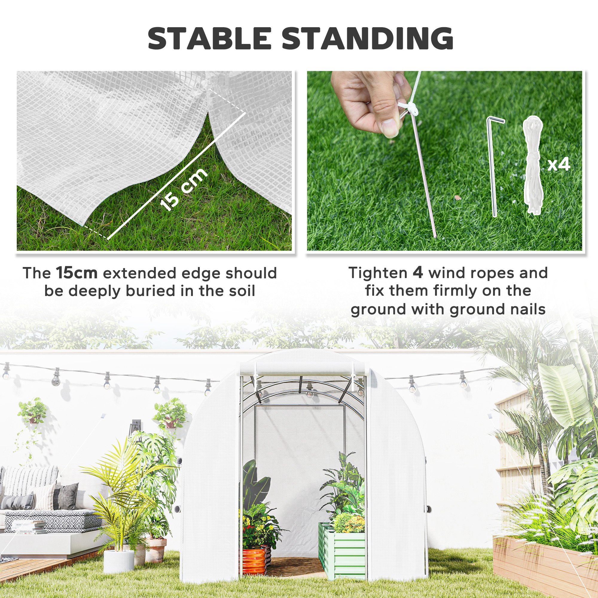 Outsunny Walk-in Polytunnel Greenhouse Green House with Roll-up Sidewalls, UV-resistant PE Cover, 3 x 2 x 2m, White 6