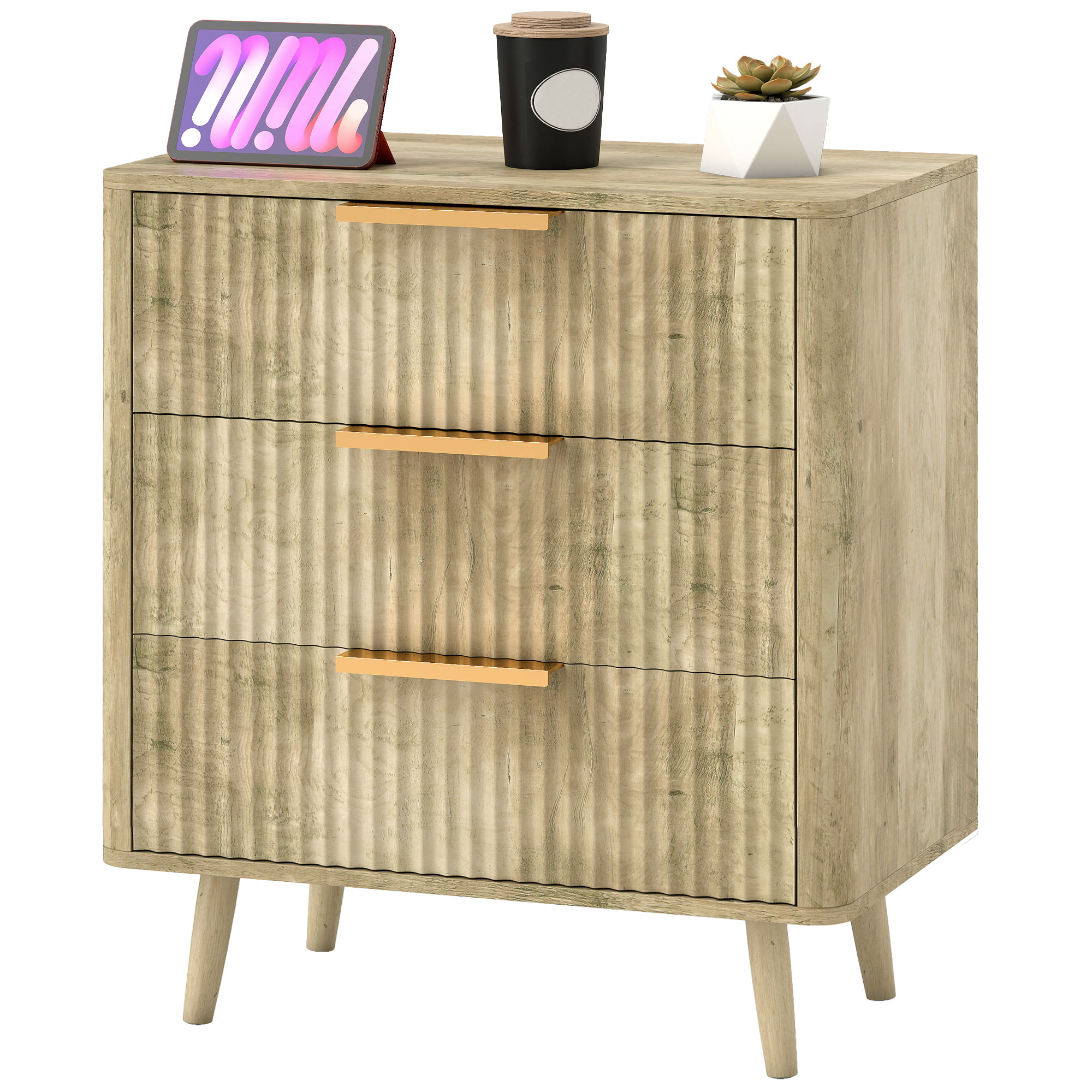 HOMCOM Commode 3 tiroirs avec poignées et pieds de pin, bois effet cannelé, pour chambre à coucher, salon, couloir, chêne