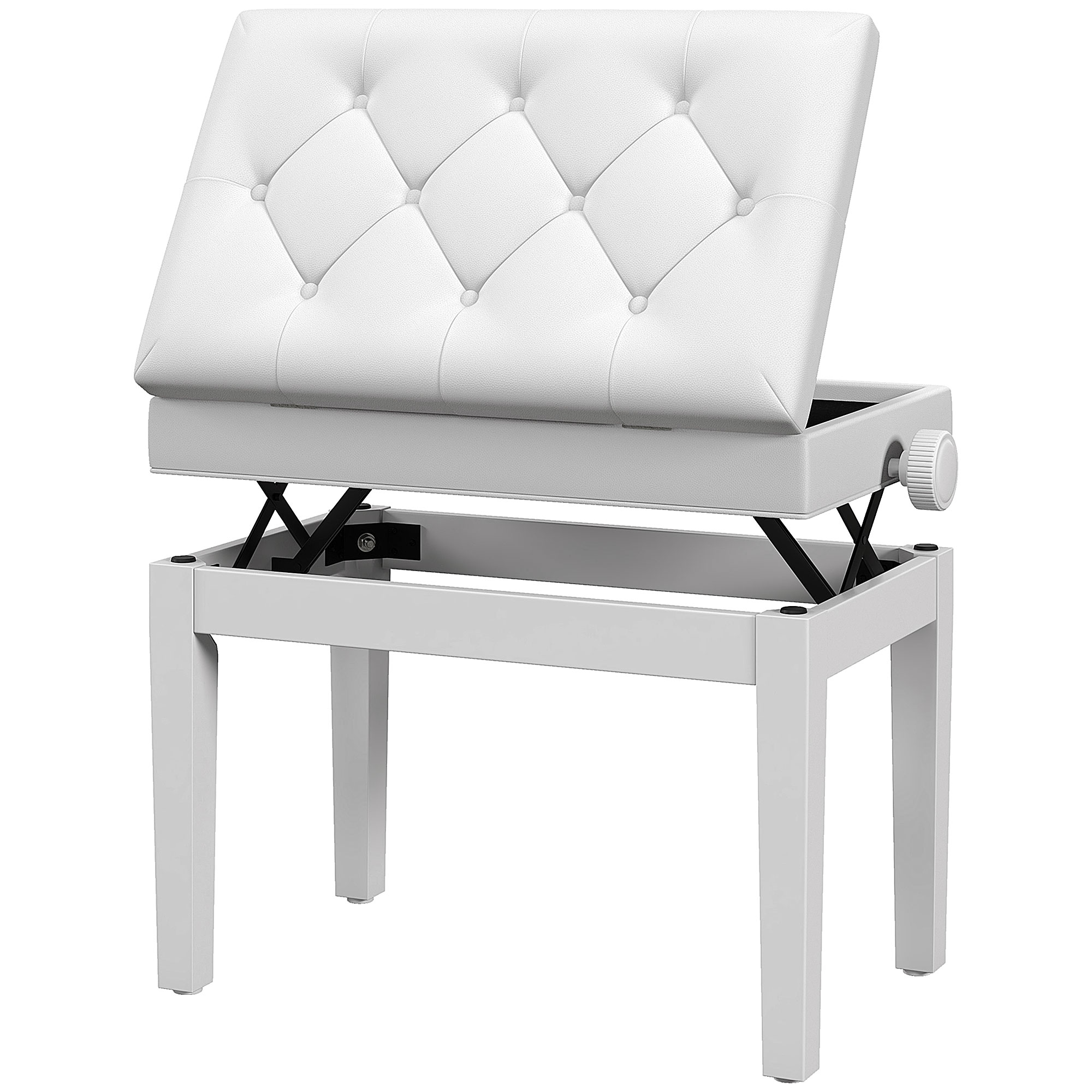 HOMCOM Banc de piano, banc de clavier réglable en hauteur en bois massif, compartiment de rangement, 55 x 33 x 48-58 cm blanc