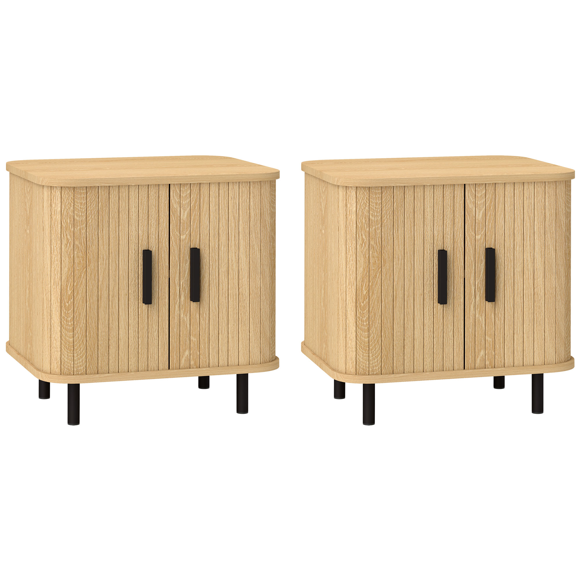 HOMCOM Pack de 2 Mesitas de Noche con Puertas Correderas 2 Estantes y Patas de Acero Estilo Escandinavo 48x40x48 cm Roble