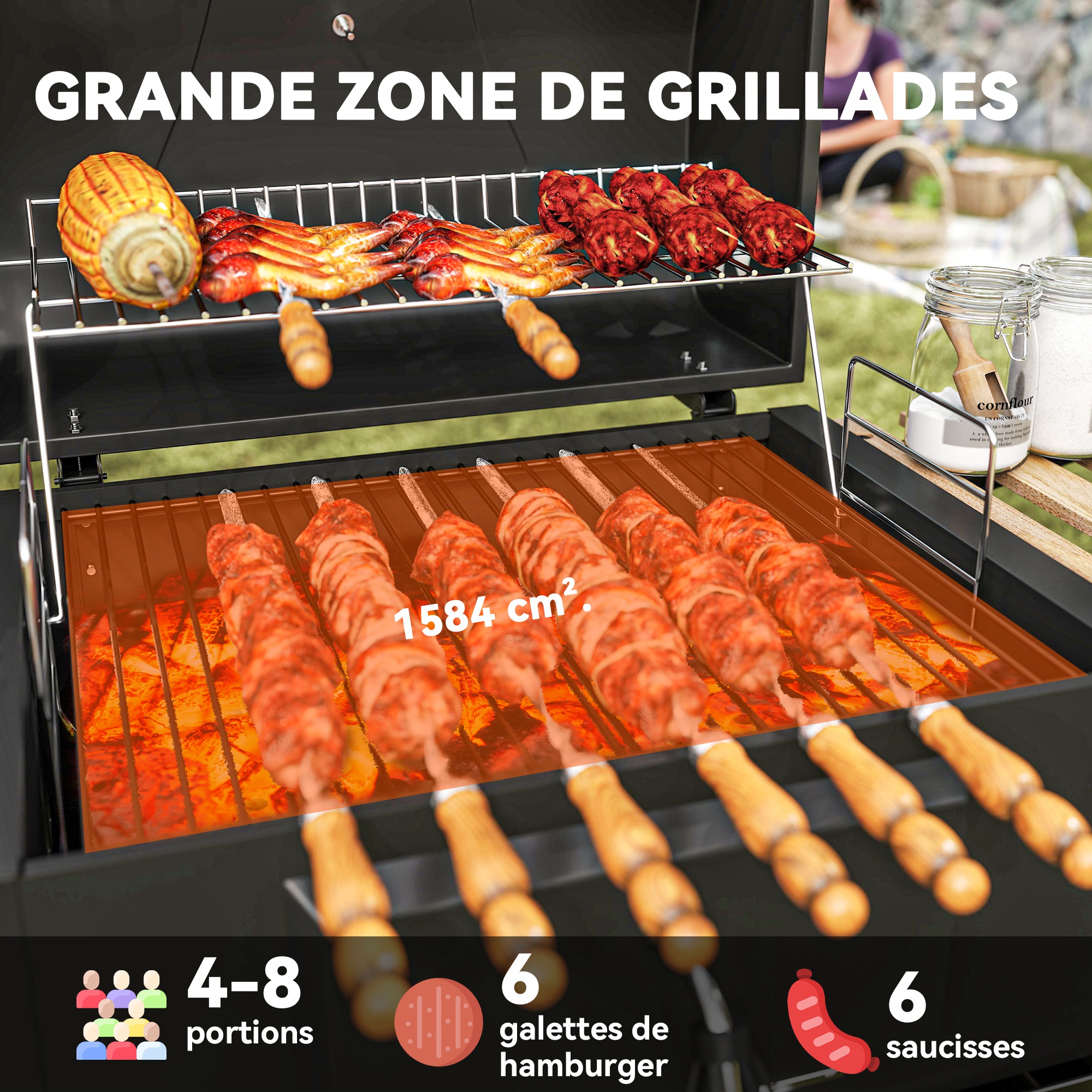 Barbecue Charbon Portable Outsunny - 96x61x72 Cm, Grille + Plaque - Avec étagères Et Panier - Idéal Jardin, Camping - 7