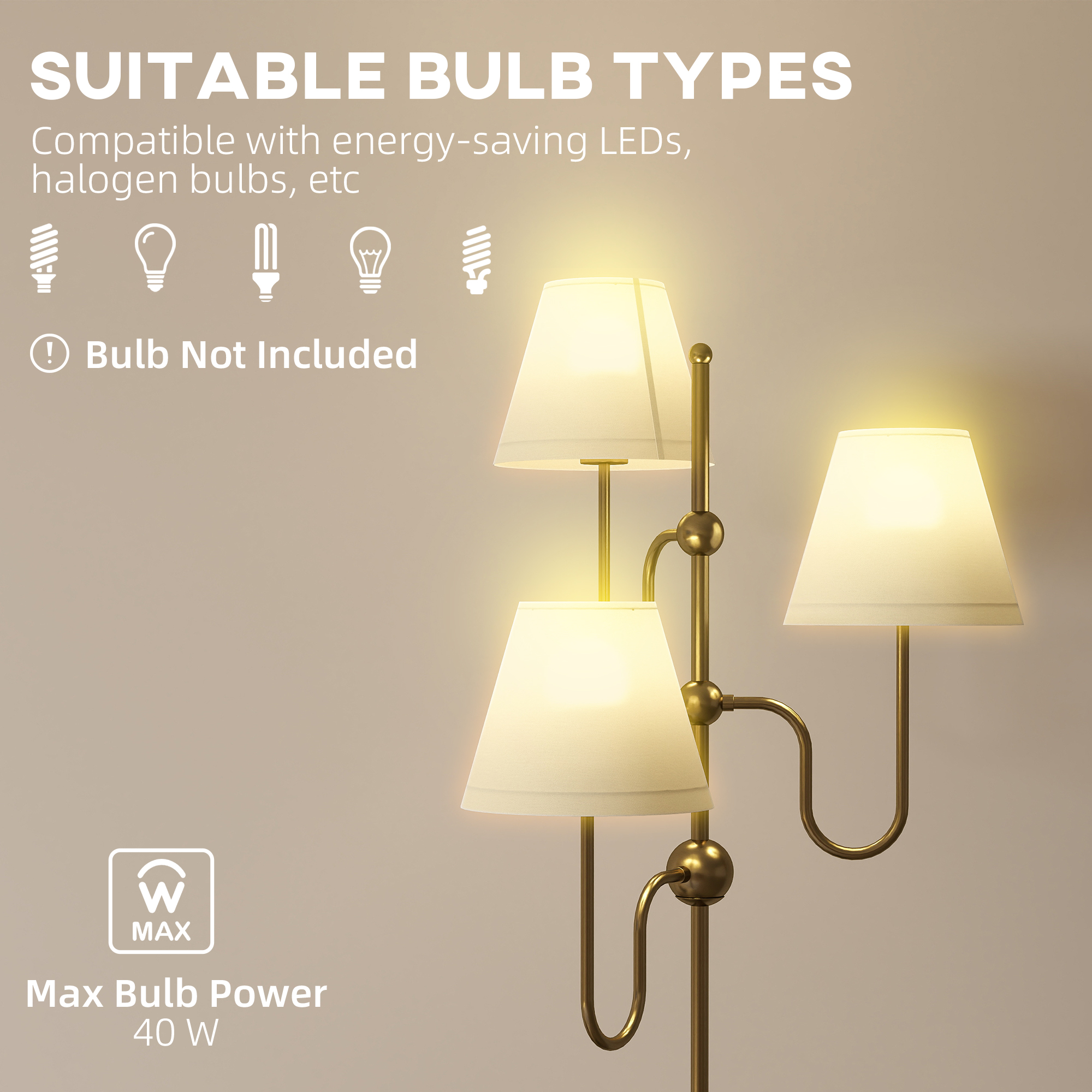 HOMCOM Floor Lamp, 165 cm Tall Standing Lamp with 3 Light and Foot Switch for Living Room, Bedroom, Bedside, Office, E27 Base Without Bulb (40W Max) 7