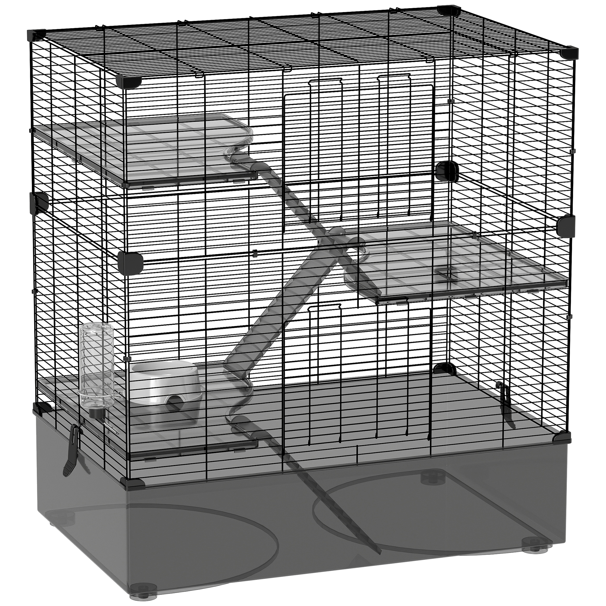 PawHut Gaiola para Pequenos Animais de 4 Níveis com Bandeja Inferior Gaiola para Roedores com Rampas Comedouro e Bebedouro 73x47x80 cm Preto
