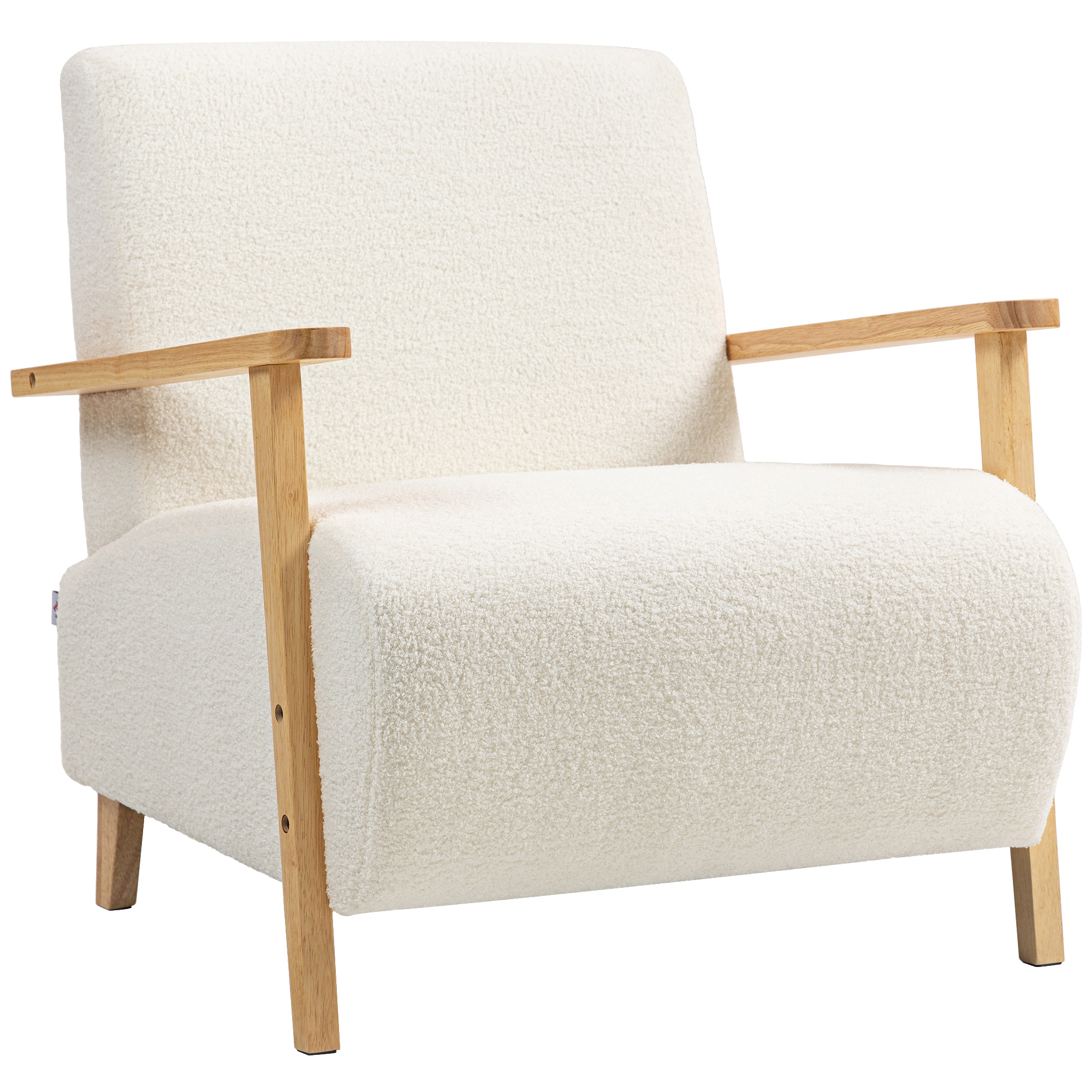 HOMCOM Fauteuil salon, tissu effet laine bouclée, structure en bois massif, pour salon, chambre à coucher, crème