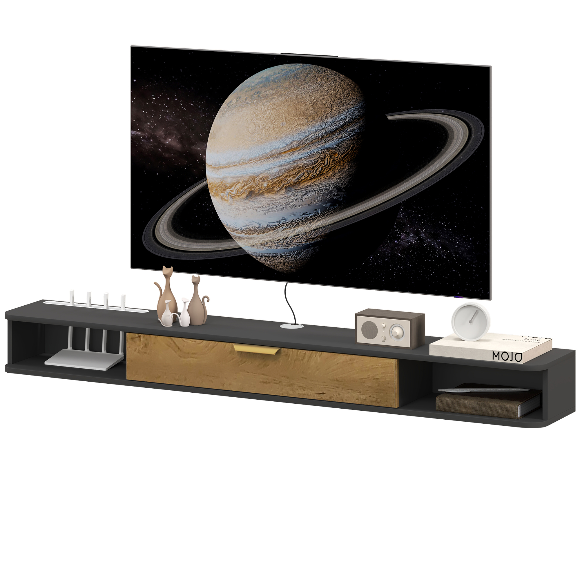HOMCOM Wand-TV-Möbel schwebendes TV-Möbel aus Holz, TV-Bank mit offenen Fächern, klappbarer Tür und Kabeldurchlässen, für Wohnzimmer Schlafzimmer, 160 x 24 x 16 cm, grau Aosom