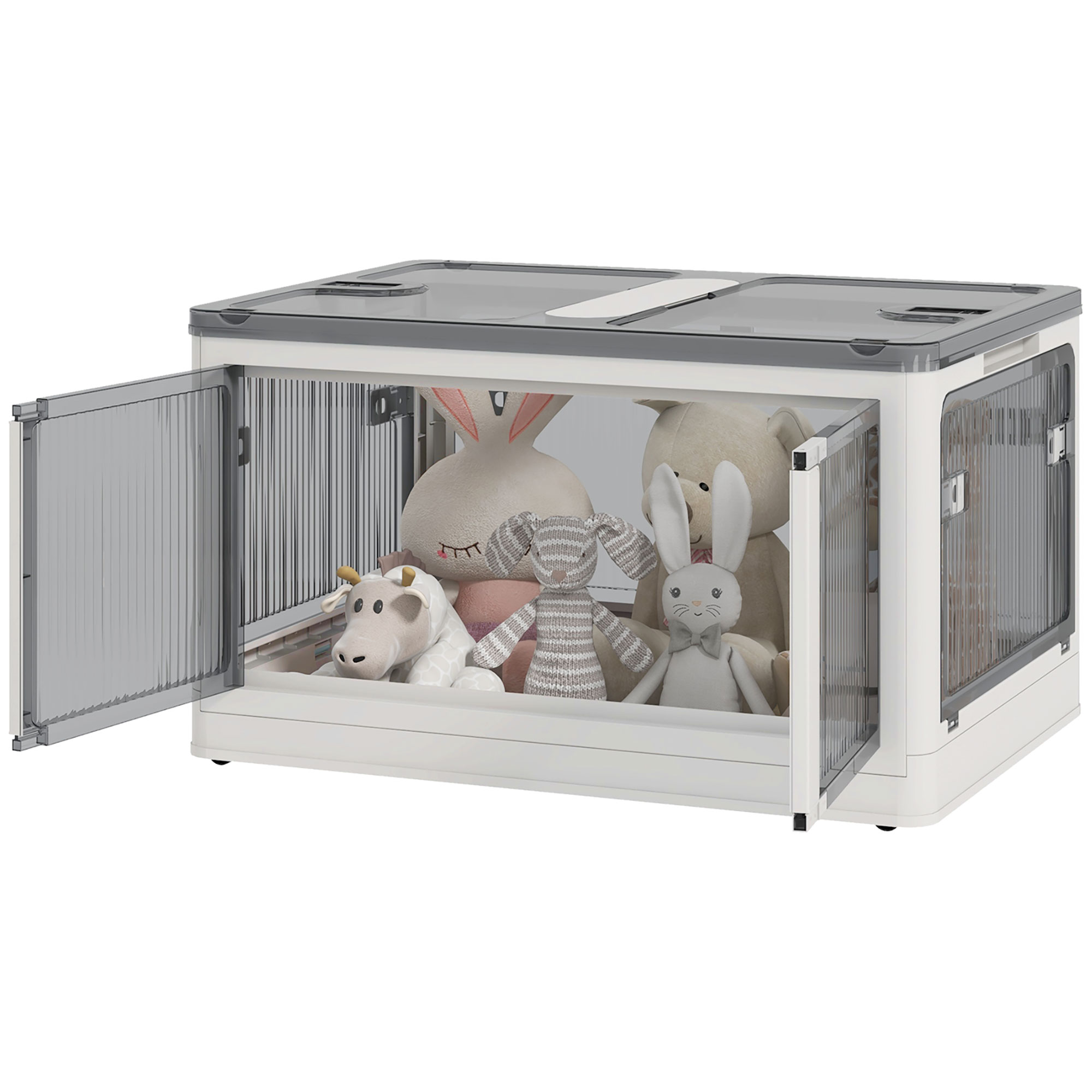HOMCOM 69L Boîte de rangement pliable et empilable en plastique avec couvercle et 4 roulettes, accès à 5 côtés, blanc