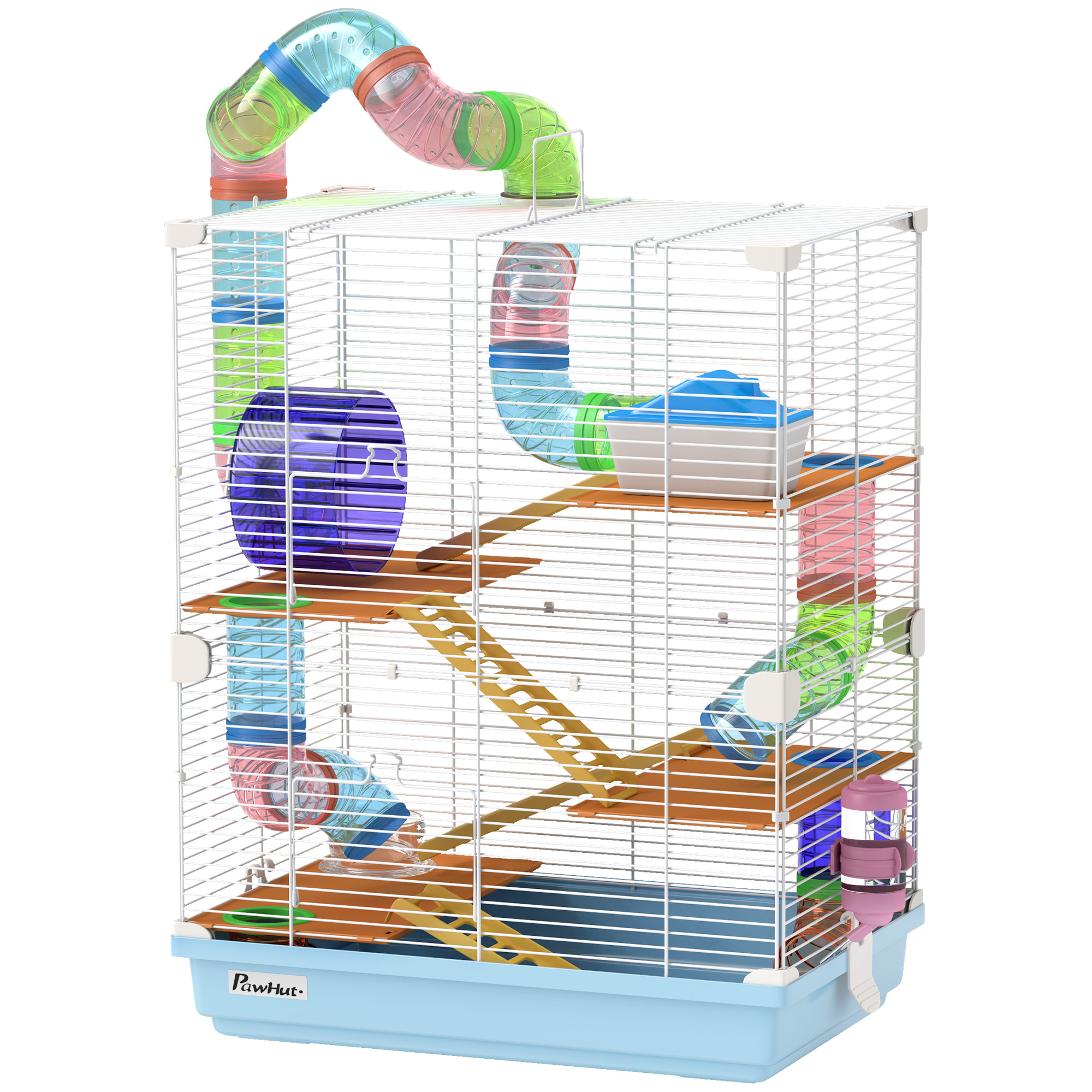 PawHut Hamsterkäfig mit 5 Etagen inkl. Röhren, Rad, Leitern, Häuschen und Flasche, Nagerkäfig aus Metall, PP und PS, 46x30x58 cm, Blau Aosom