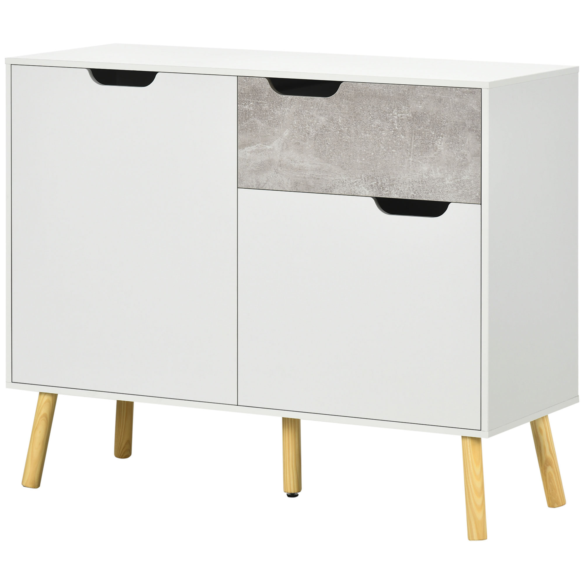 HOMCOM Moderner Wohnzimmerschrank, Wohnzimmerschrank und Sideboard, 2 zweitürige Schränke und Schublade, Vielseitiger Schrank, Spanplatte und Kiefernholz, 98x39x81.5 cm, Grau und Weiß   Aosom – HOMCOM