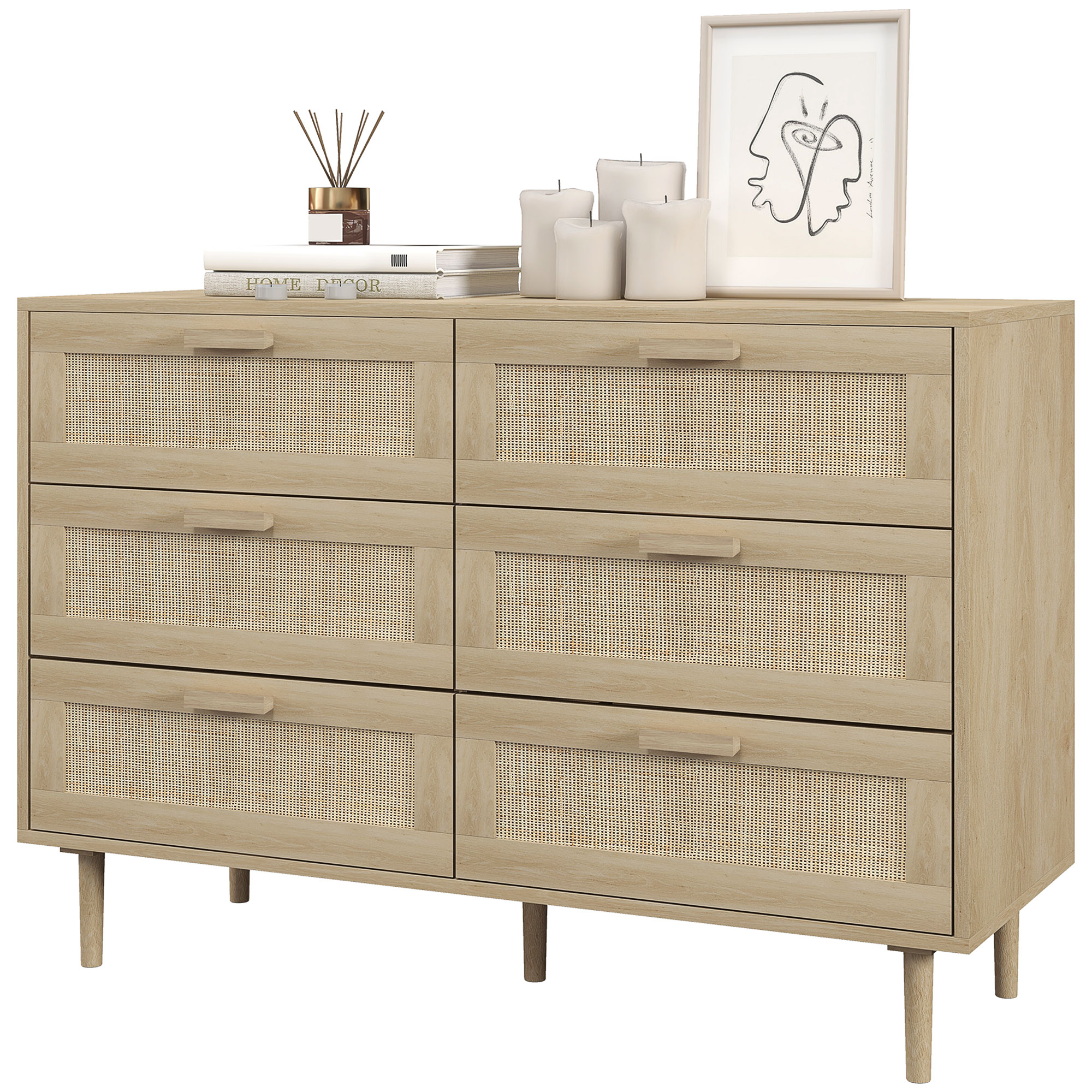 HOMCOM Kommode 6 Schubladen Aufbewahrungsmöbel mit Rattanflechtwerk 110L x 40B x 75H cm Holzoptik Aosom