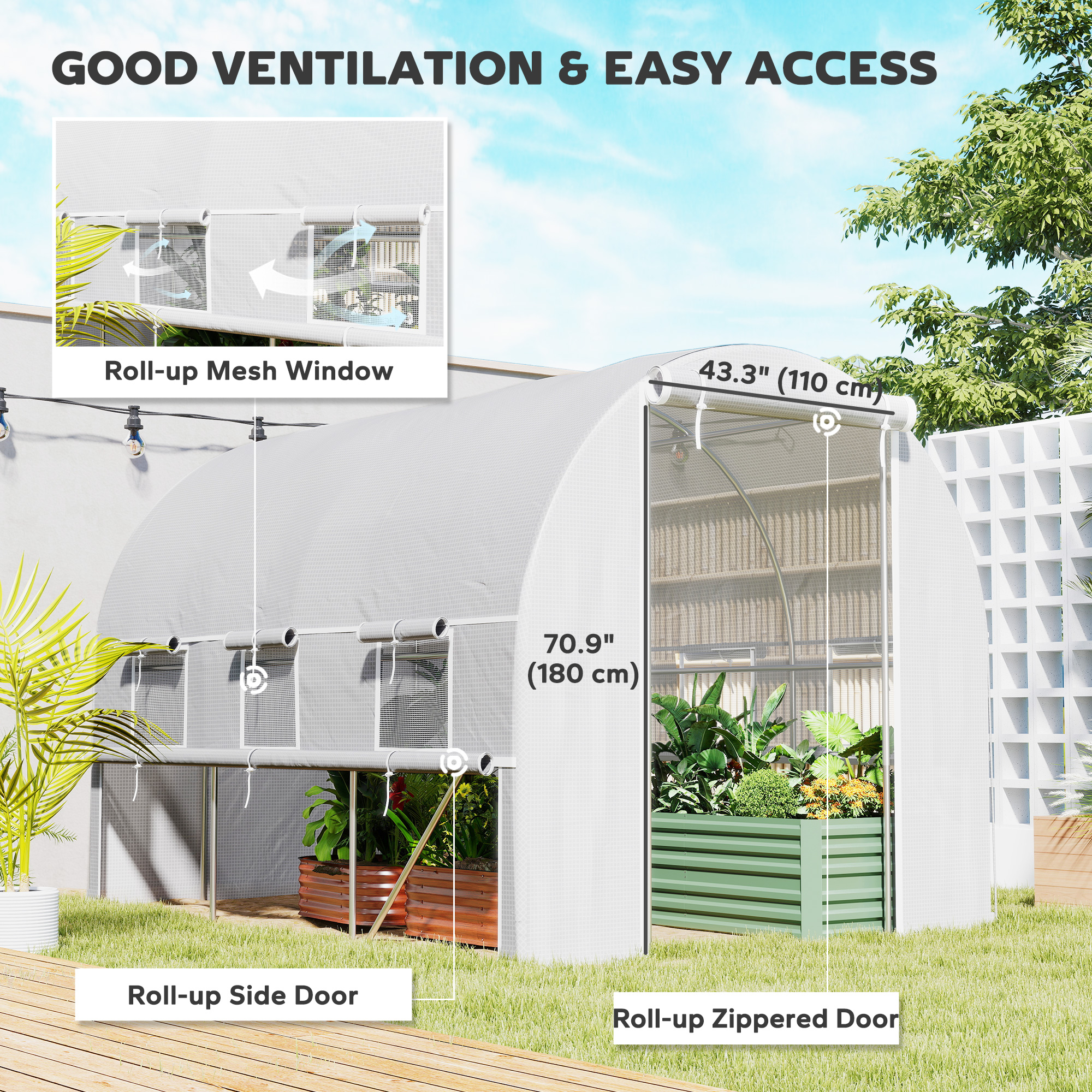 Outsunny Walk-in Polytunnel Greenhouse Green House with Roll-up Sidewalls, UV-resistant PE Cover, 3 x 2 x 2m, White 4