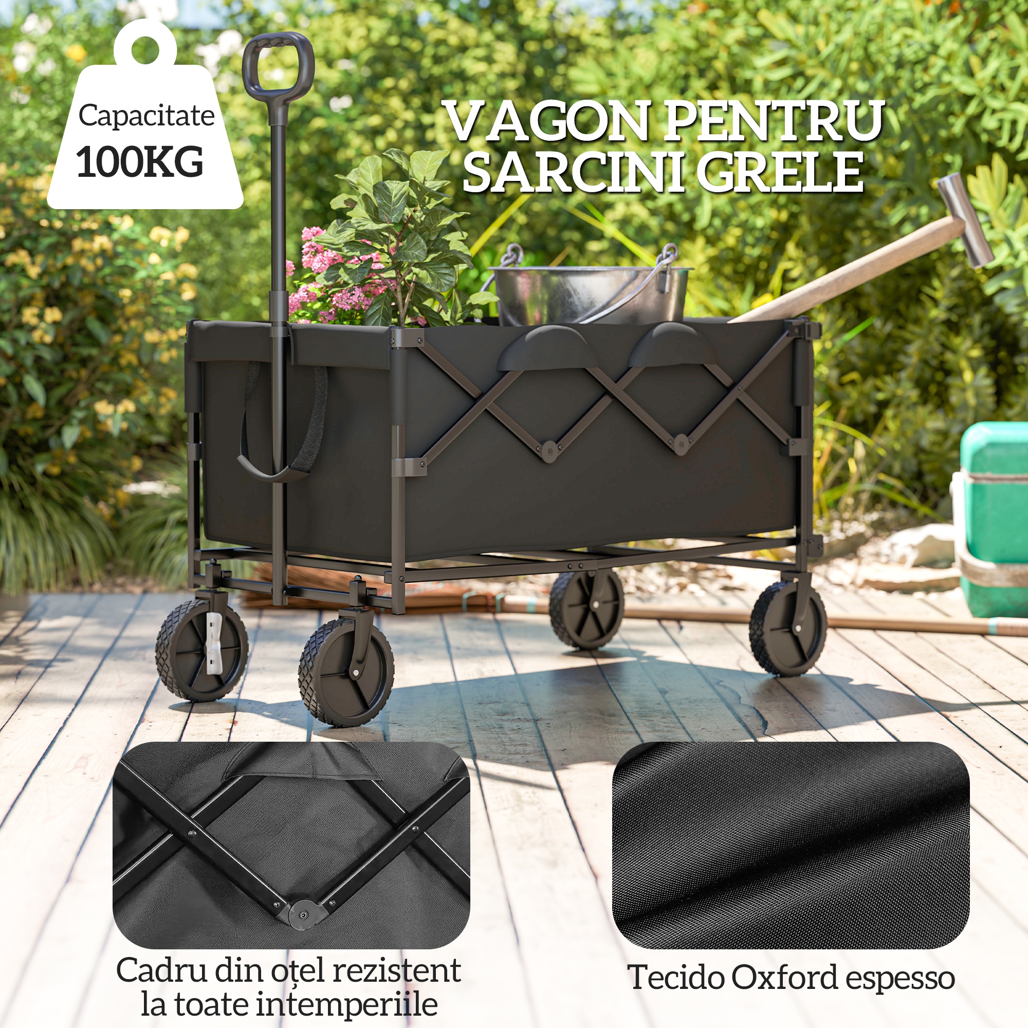 carucior de gradina pliabil de 160L cu maner reglabil, capacitate 100 kg, 95x55x102 cm, negru [3]