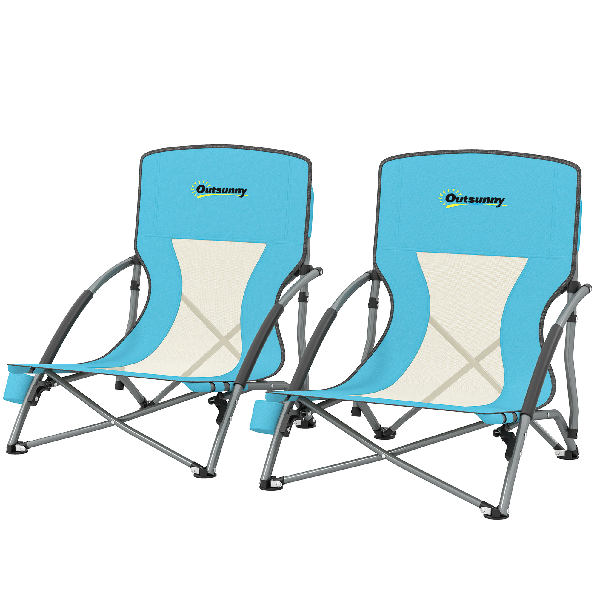 Outsunny Set mit 2 faltbaren Strandstühlen, leichte Klapp-Campingstühle 2,2 kg, mit Netzrücken, Transporttasche und Getränkehalter für Garten, Picknick, Festival, Reisen, Blau   Aosom – Outsunny