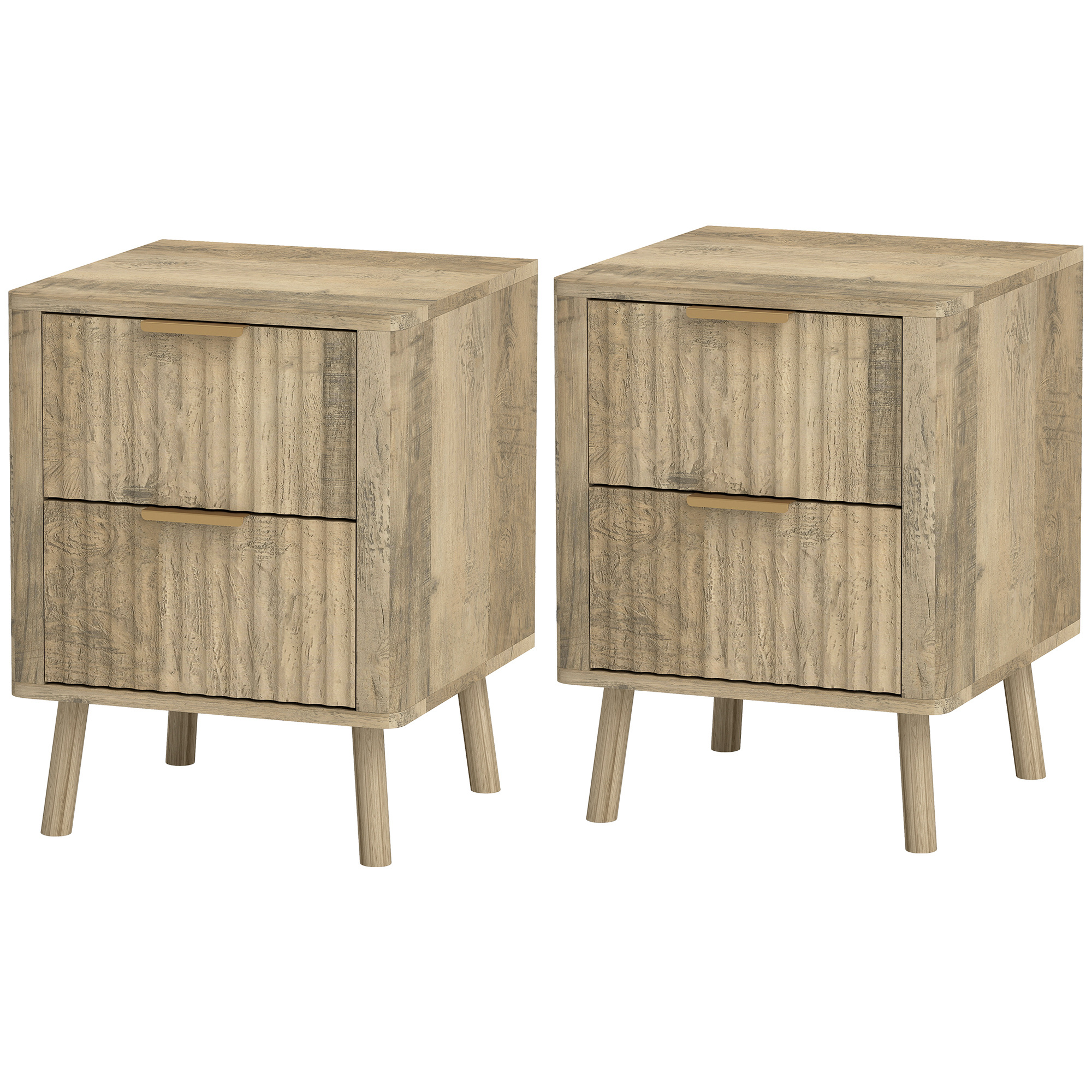 HOMCOM Lot de 2 tables de chevet avec 2 tiroirs cannelés pour chambre à coucher, salon, 40 x 40 x 53 cm, chêne