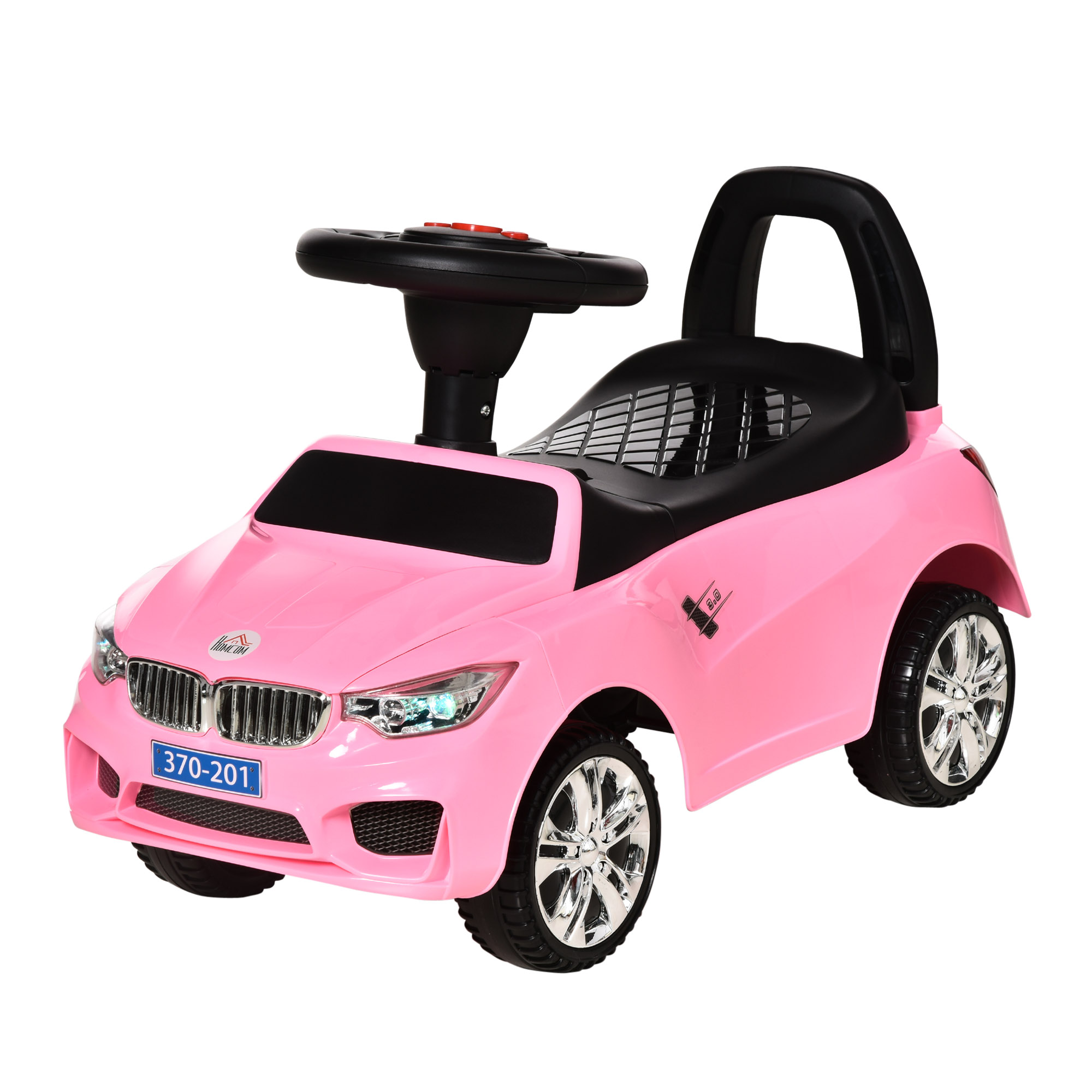 HOMCOM Kinder Rutschfahrzeug mit Lenkrad, Scheinwerfern und integrierter Musik, Kinderfahrzeug aus PP und Metall, 63,5x28x36 cm, Rosa Aosom