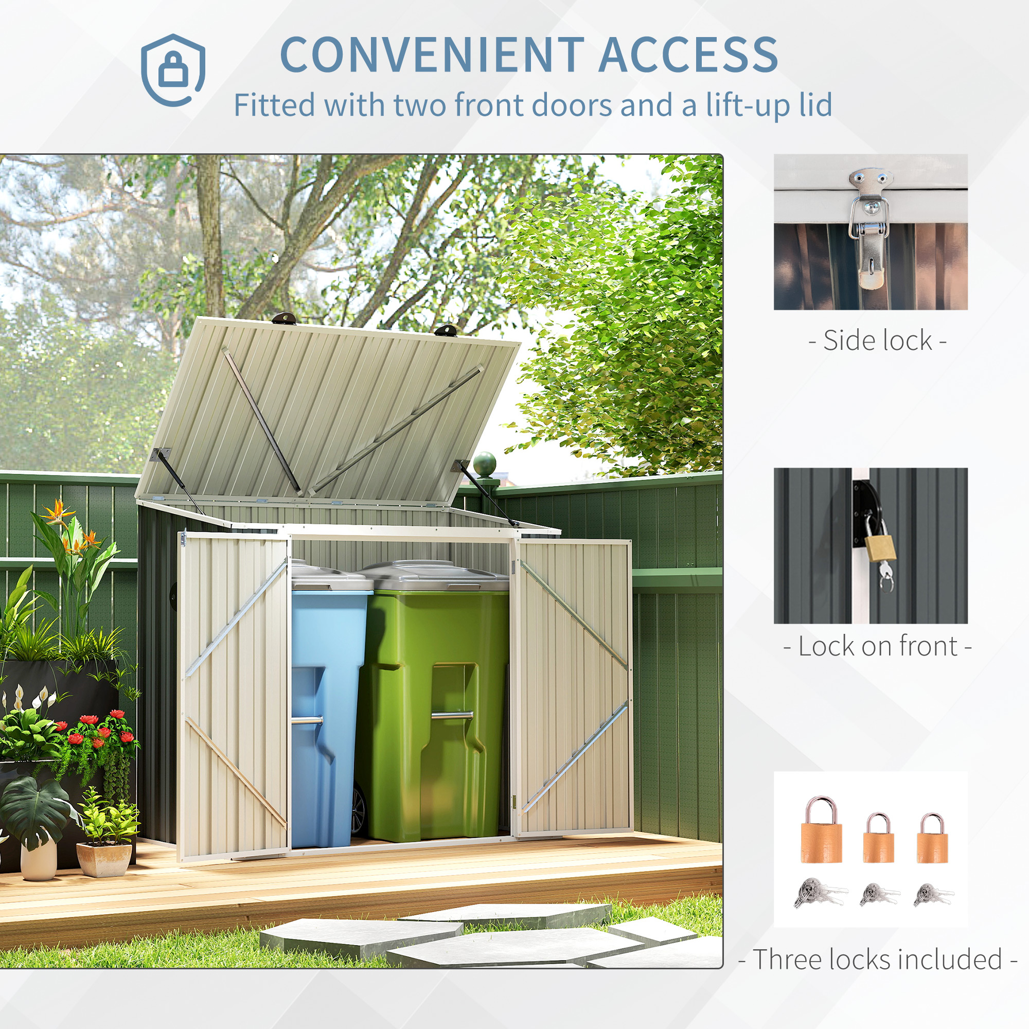 Outsunny 5ft x 3ft Garden 2-Bin Steel Storage Shed, Double Rubbish Storage Shed, Hide Dustbin w/ Locking Doors and Openable Lid 5