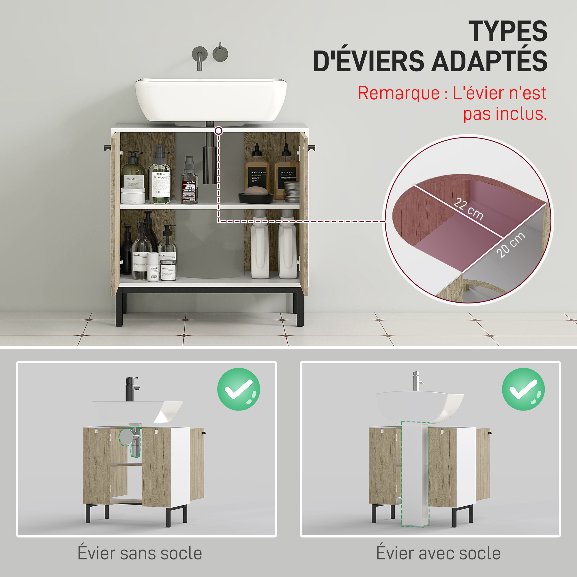 Kleankin Meuble sous lavabo, Meuble de Salle de Bain, étagères