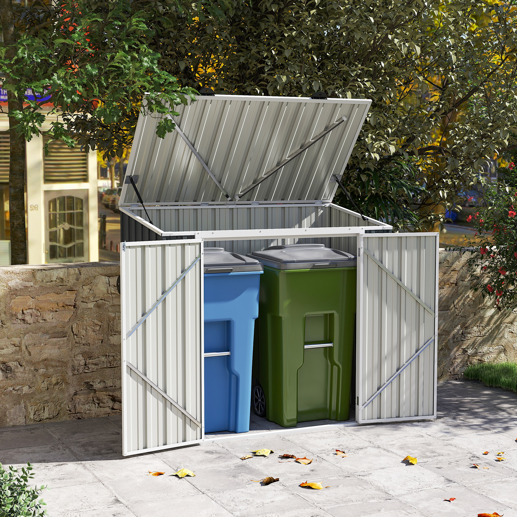 Outsunny 5ft x 3ft Garden 2-Bin Steel Storage Shed, Double Rubbish Storage Shed, Hide Dustbin w/ Locking Doors and Openable Lid 8