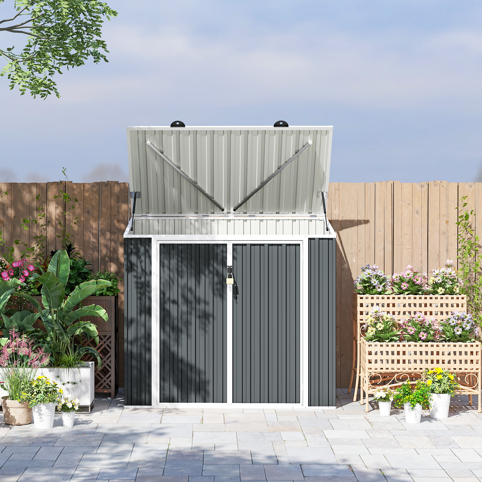 Outsunny 5ft x 3ft Garden 2-Bin Steel Storage Shed, Double Rubbish Storage Shed, Hide Dustbin w/ Locking Doors and Openable Lid 7