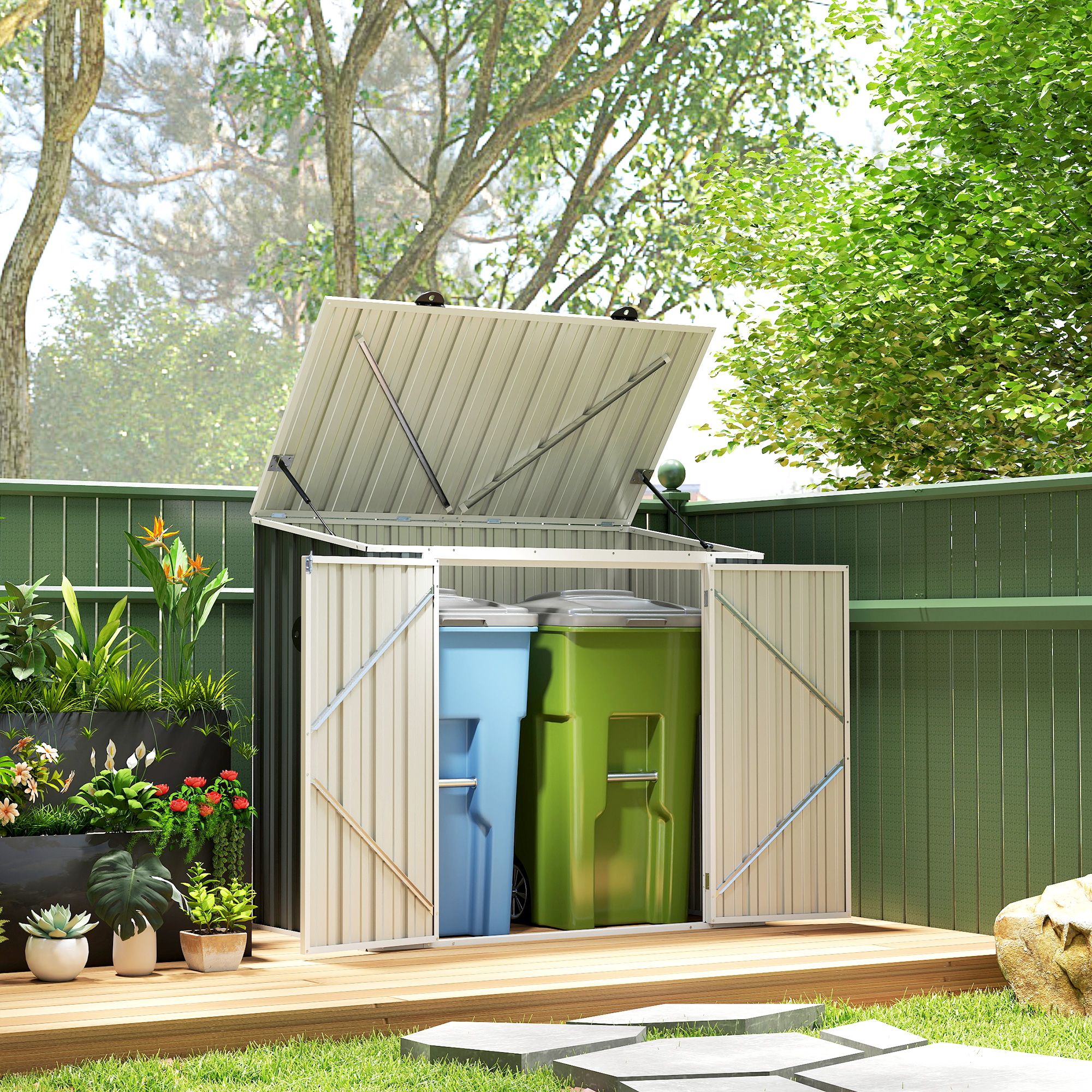 Outsunny 5ft x 3ft Garden 2-Bin Steel Storage Shed, Double Rubbish Storage Shed, Hide Dustbin w/ Locking Doors and Openable Lid 2