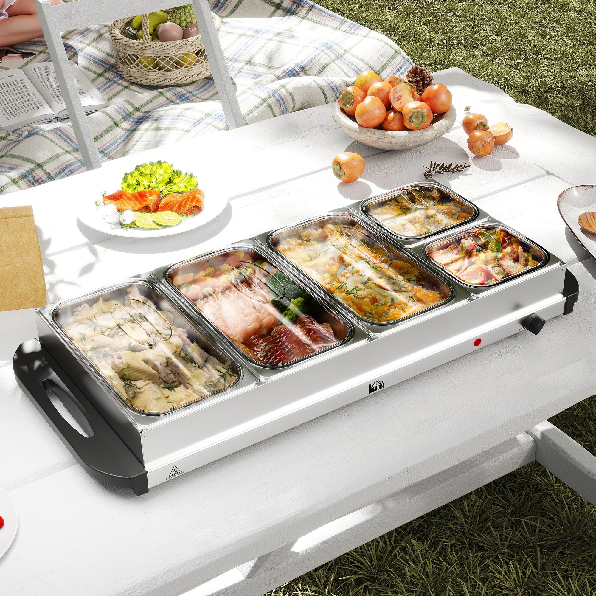 HOMCOM Electric Food Warmer 5 Tray, 9.2L Portable Buffet Server and Warming Tray with Lids, Adjustable Temperature Control and Cool Touch Handles, 450W, 3 x 2.4L and 2 x 1L, Silver Tone