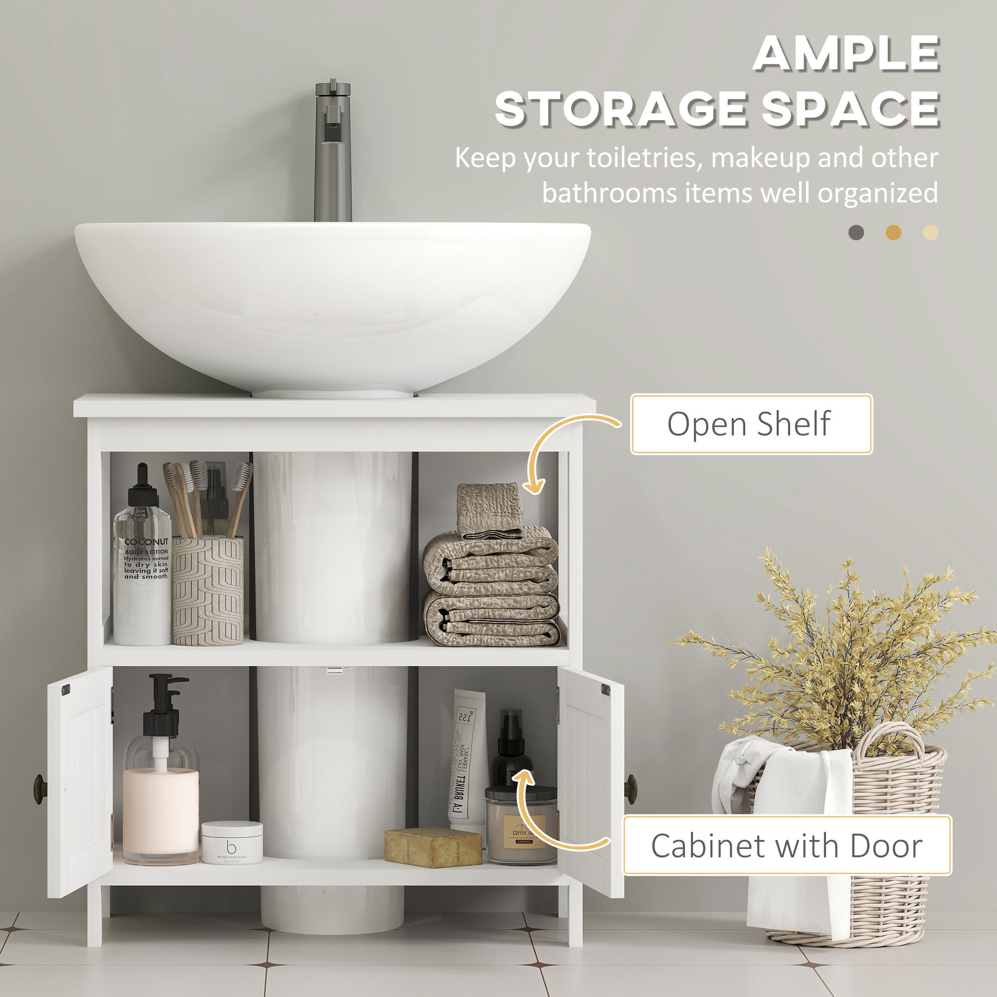 kleankin Pedestal Under Sink Cabinet with Double Doors, Modern Bathroom Vanity Storage Unit with Shelves, White 5