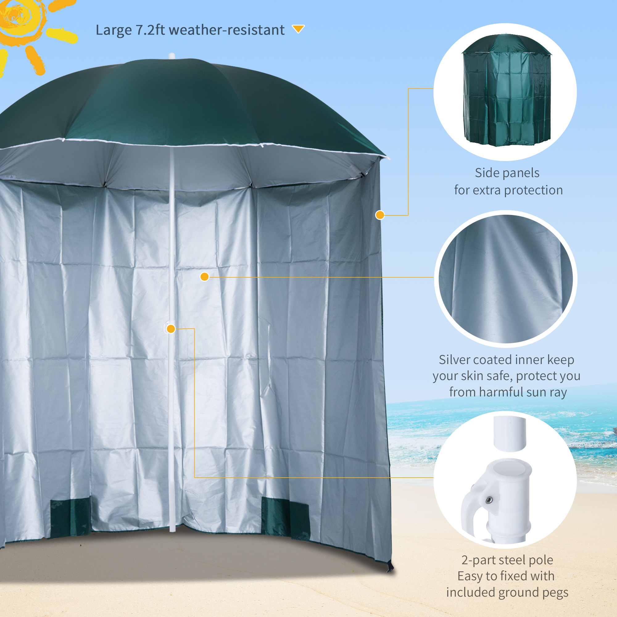 Outsunny 88" Arc 2.2M Fishing Umbrella Beach Parasol with Sides Brolly Shelter Canopy Shade with FREE Carry Bag Green 4