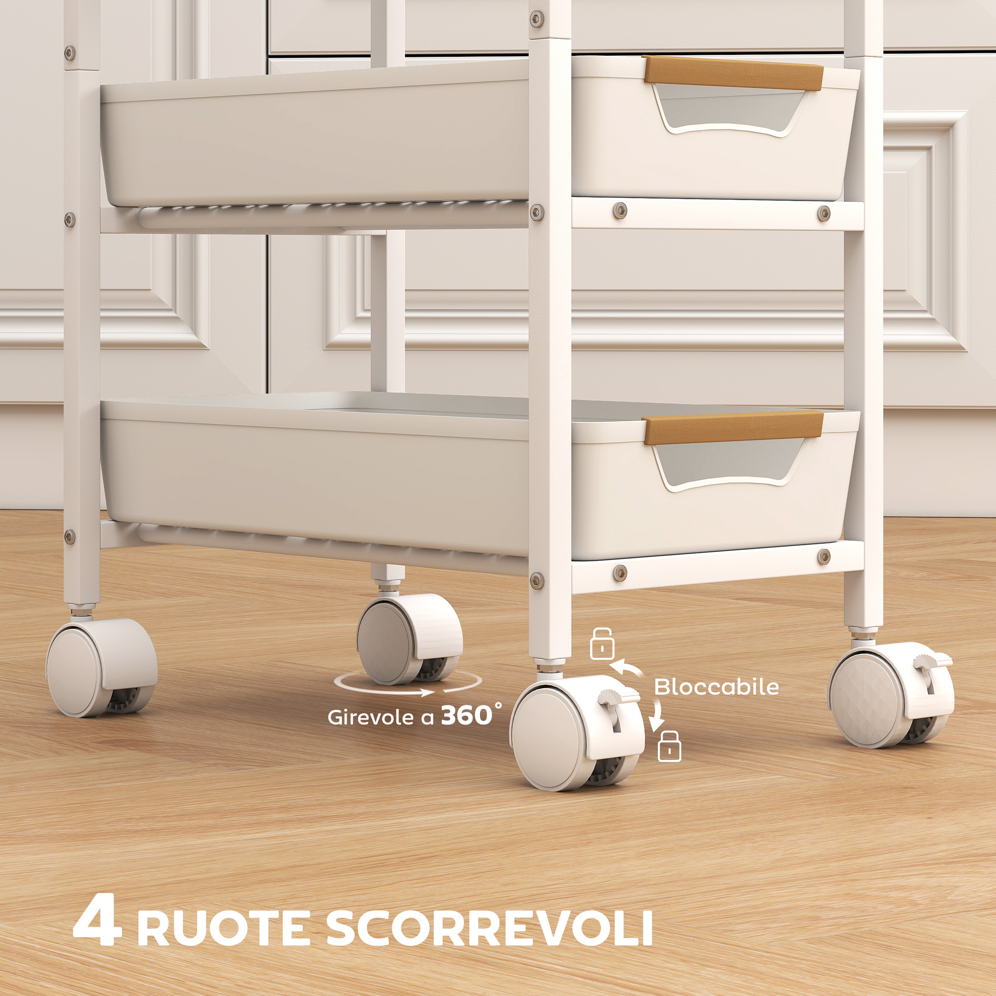 VERSA Carrello Da Cucina In Bambù E Metallo Bianco - 105,5 Cm Con Ruote E Ripiani In Tessuto