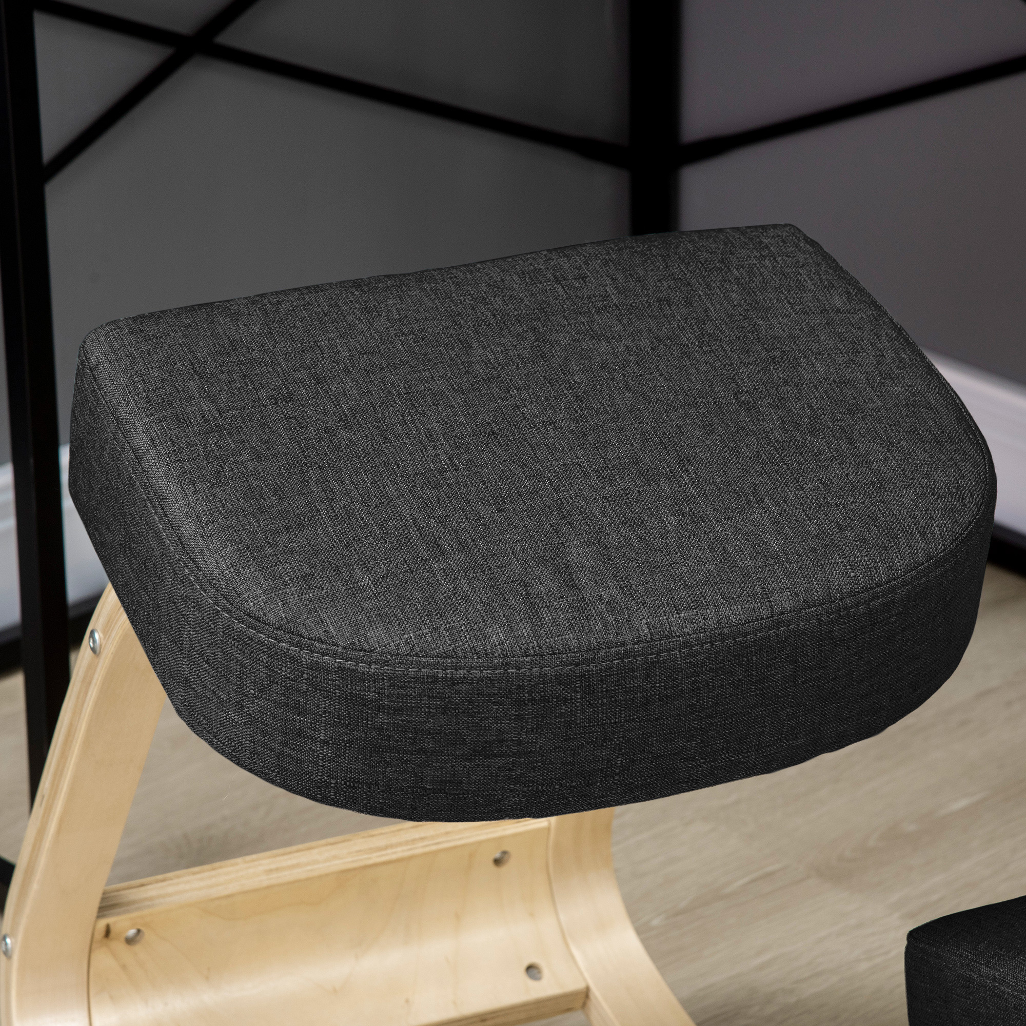 Põlvitustooli, ergonoomiline taburet, polsterdatud taburet tervisliku rühi jaoks, kasepuit, kandevõime 120 kg, must
