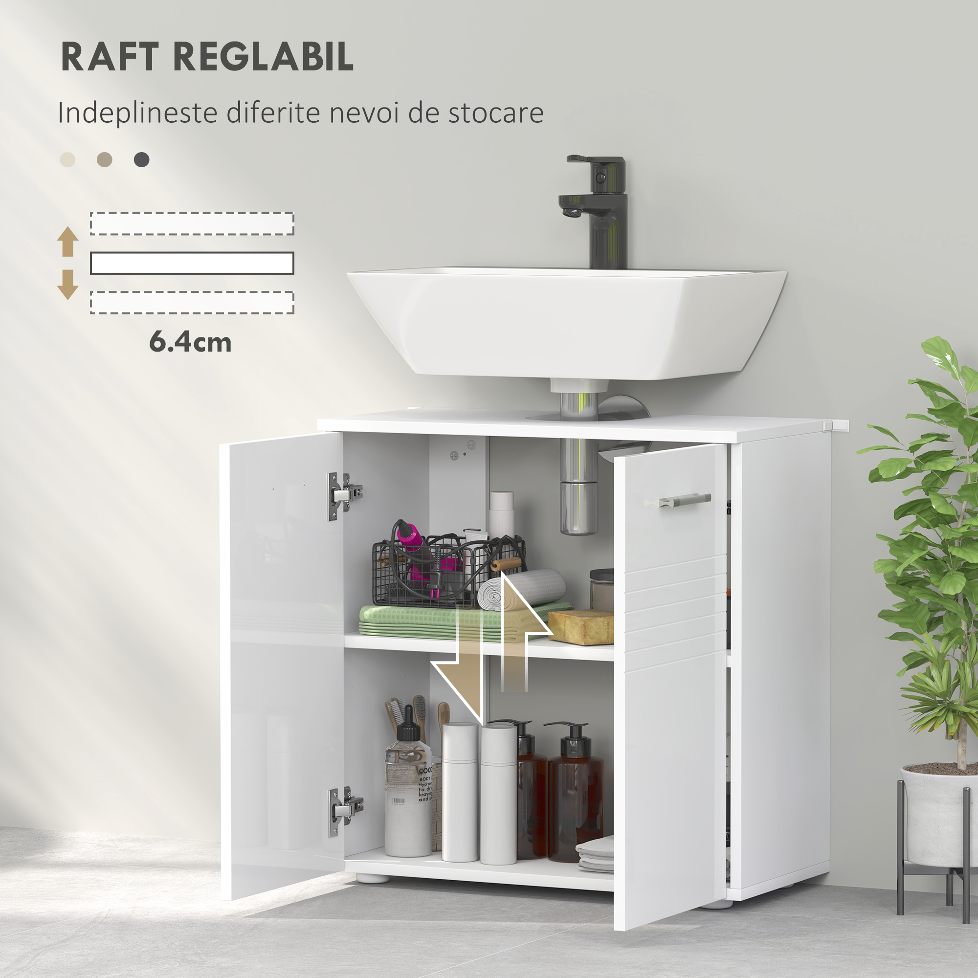  Mobilier subchiuveta pentru Baie cu 2 Usi, Dulapior cu Economisire de spatiu pentru Chiuveta din Lemn cu Polita Reglabila, Alb [4]