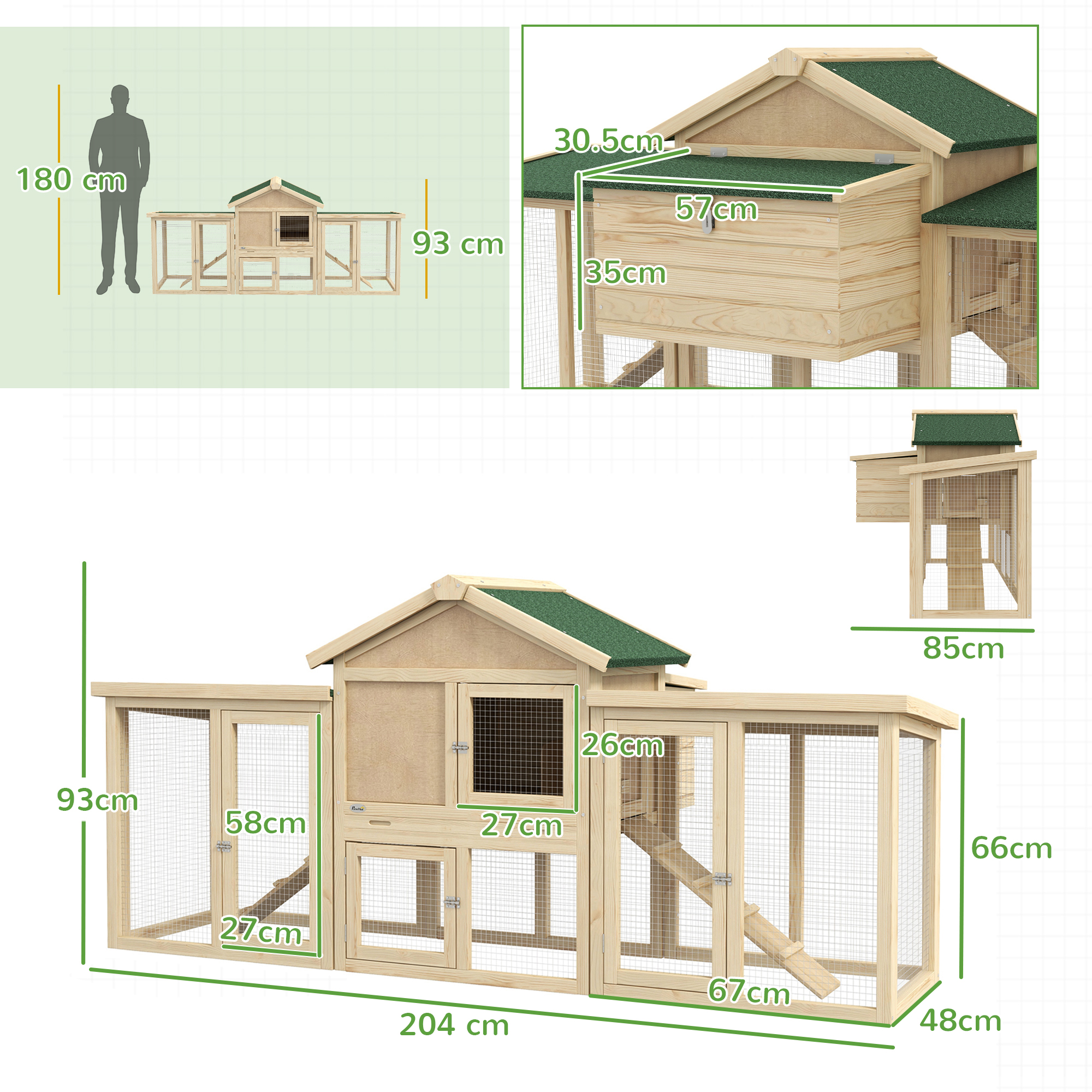 PawHut Large Chicken Coop, Wooden Garden Hen House, Poultry Coops Cages with Run, Nesting Box, Natural Wood Finish 3