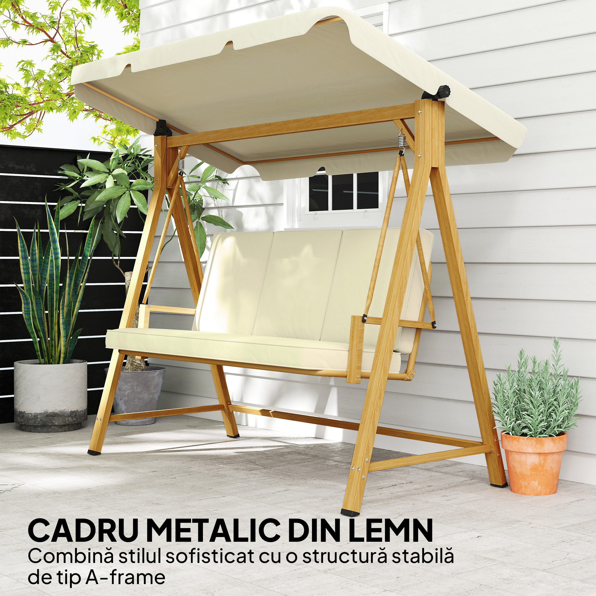  Balansoar de Gradina 3 Locuri cu Acoperis si Perne 195x120x170cm Bej [3]