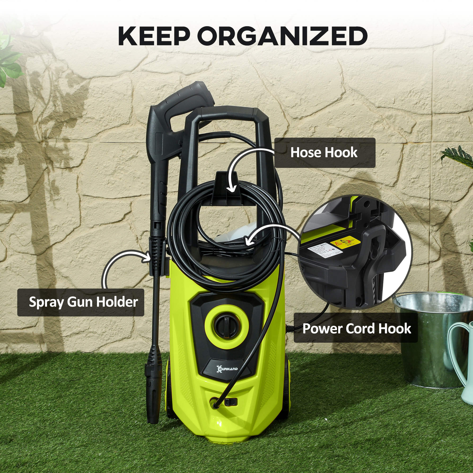 DURHAND 1800W High Pressure Washer, 150 Bar Pressure, 510 L/h Flow, High-Performance Portable Power Washer Jet Wash Cleaner with 6M Hose, Snow Foam Bottle for Garden, Car, Furniture, Green 7