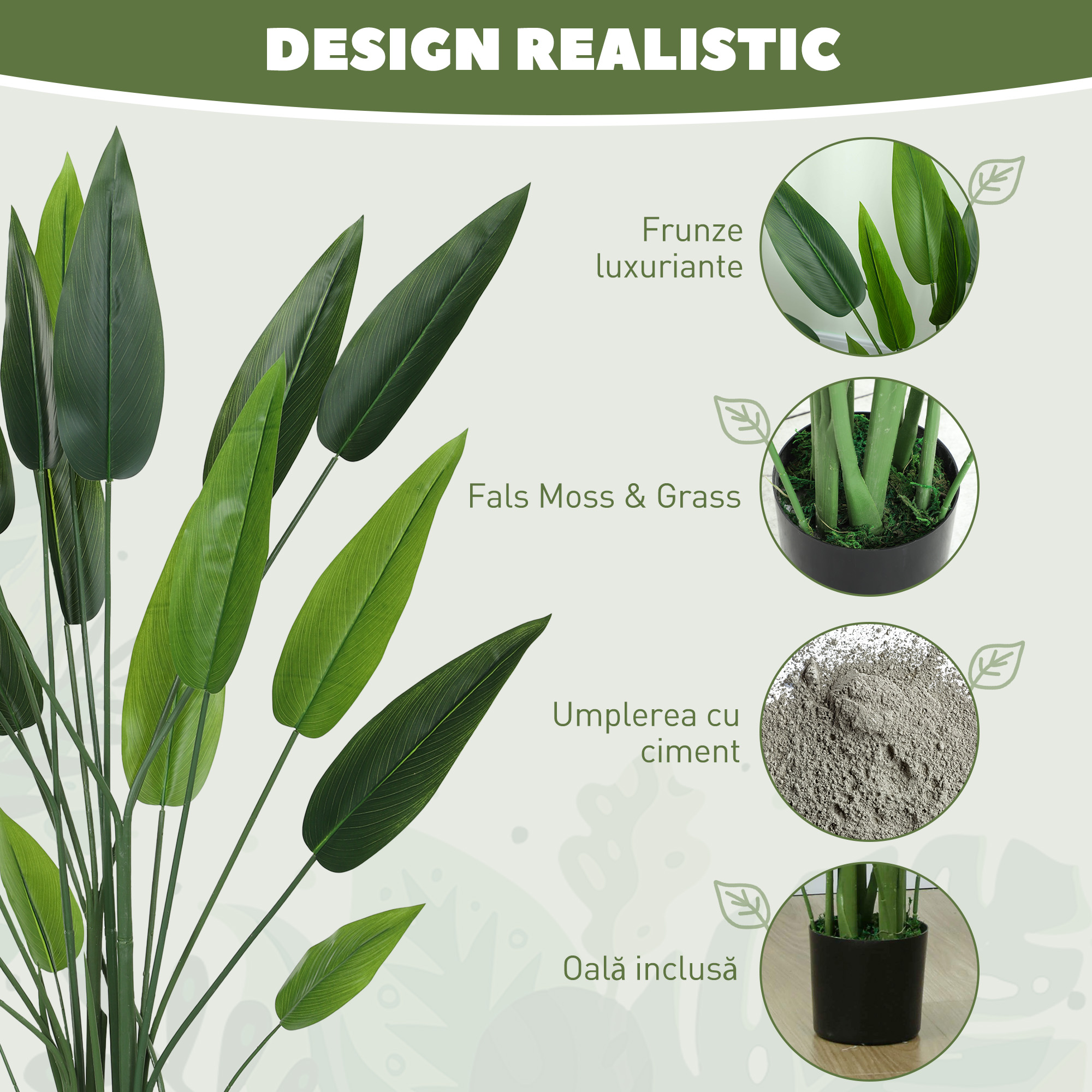  Planta artificiala verde Pasarea Paradisului cu 20 de frunze, 140 cm, cu ghiveci, din PE, PEVA si PP [3]