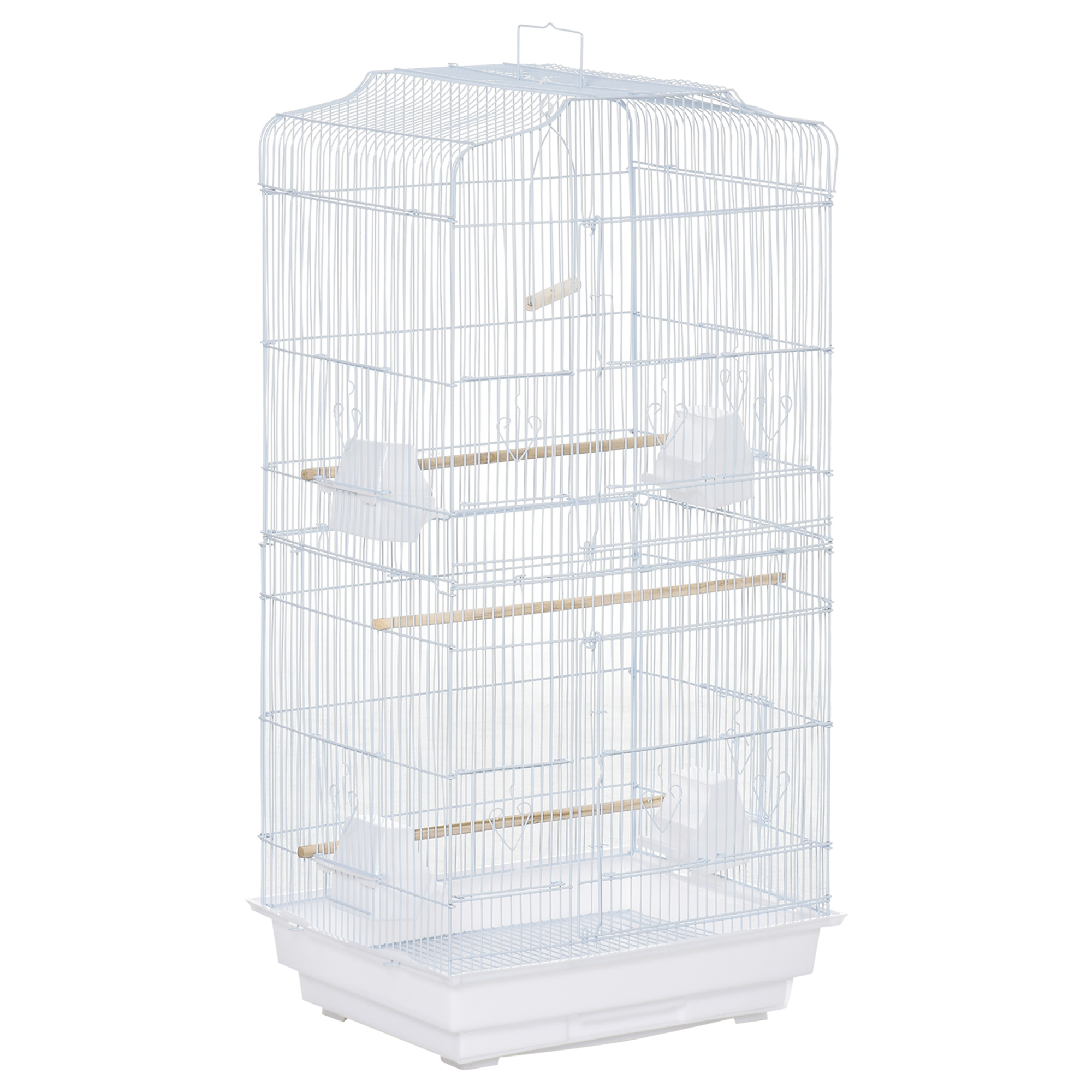 PawHut Jaula para Pájaros Pajarera de Metal con Puertas 4 Comederos 3 Perchas Columpio Bandeja y Asa de Transporte 46,5x35,5x92 Blanco | Aosom España