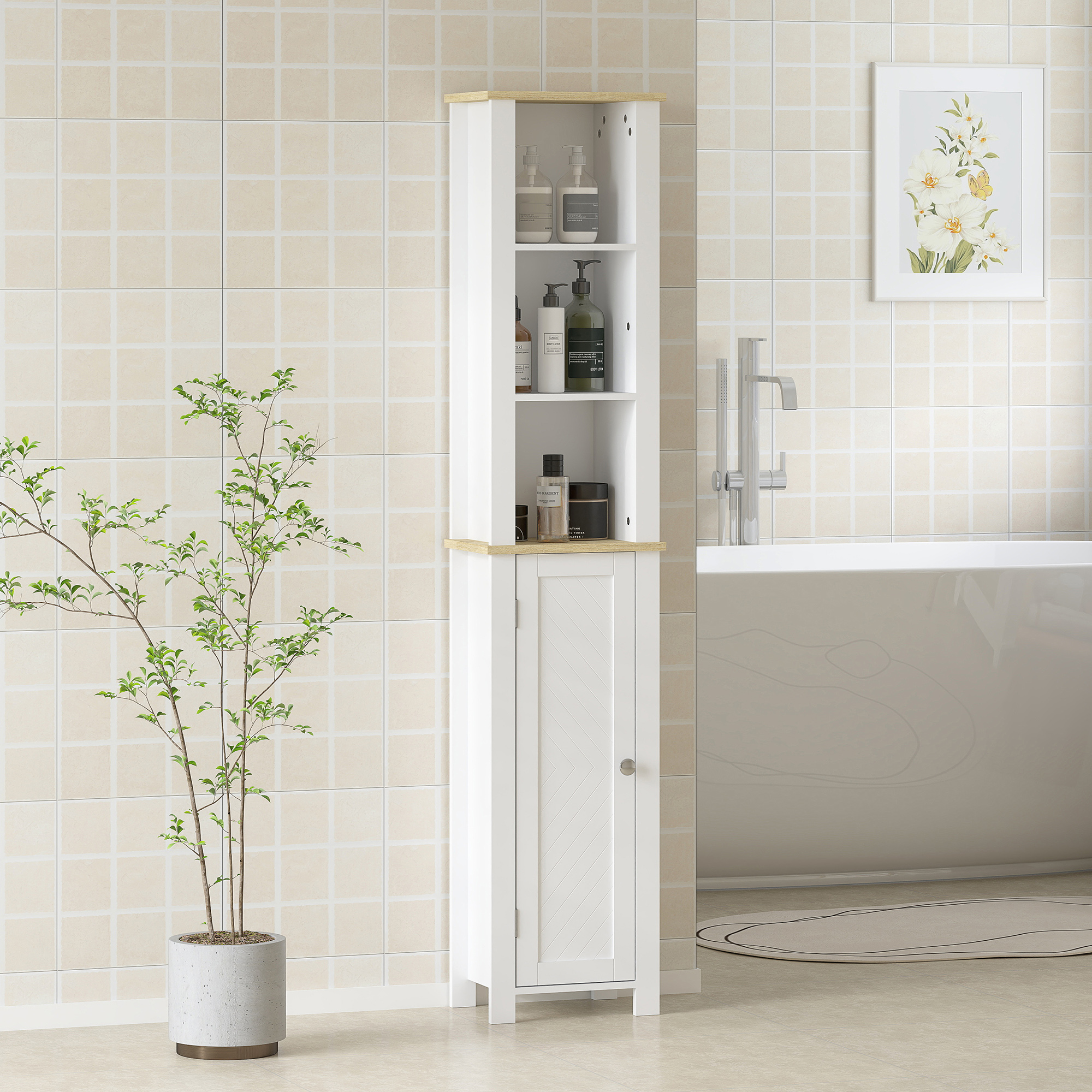 kleankin Slim Bathroom Storage Unit with Open Compartment, Bathroom Storage Cabinet with Adjustable Shelf, 34 x 23 x 165 cm, White 2