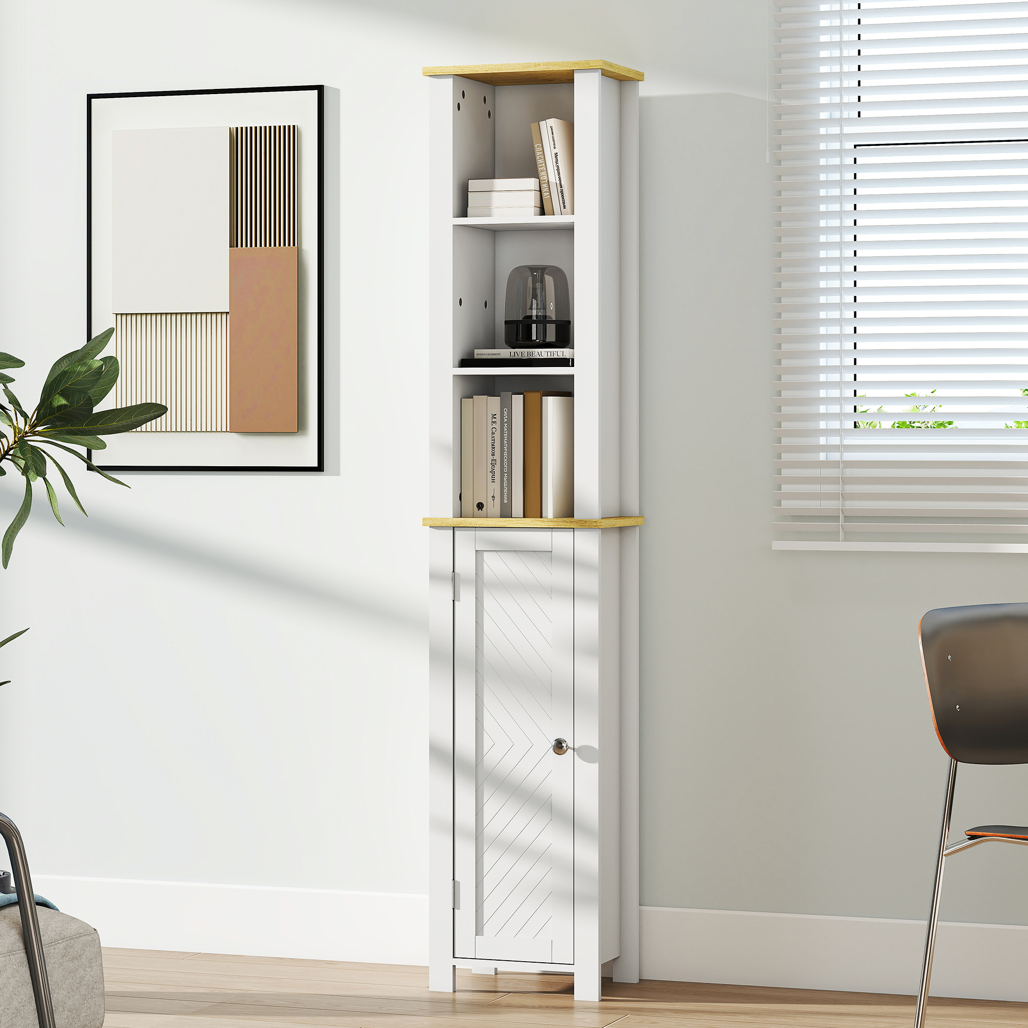 kleankin Slim Bathroom Storage Unit with Open Compartment, Bathroom Storage Cabinet with Adjustable Shelf, 34 x 23 x 165 cm, White 9