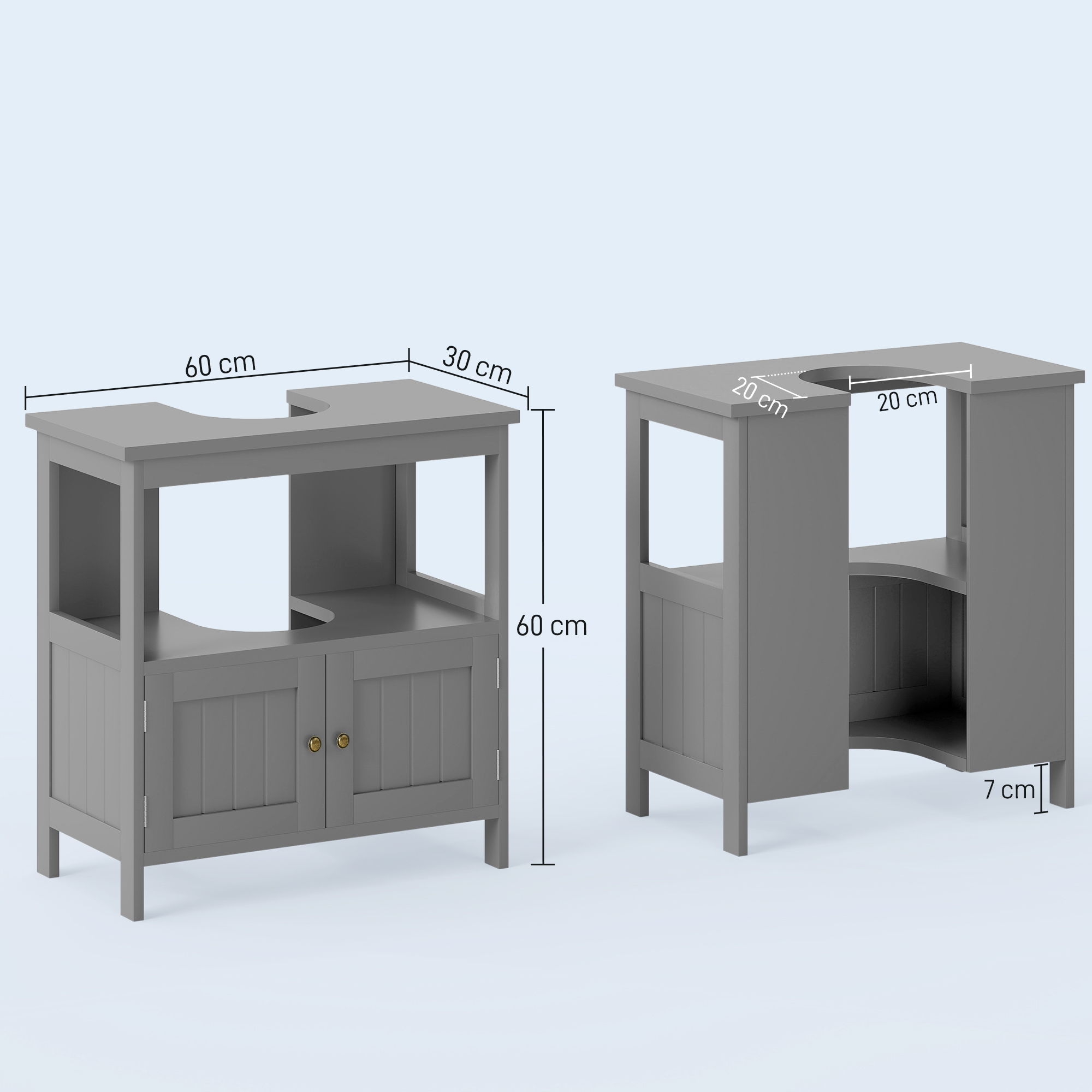 kleankin Pedestal Under Sink Cabinet with Double Doors, Modern Bathroom Vanity Storage Unit with Shelves, Light Grey 3