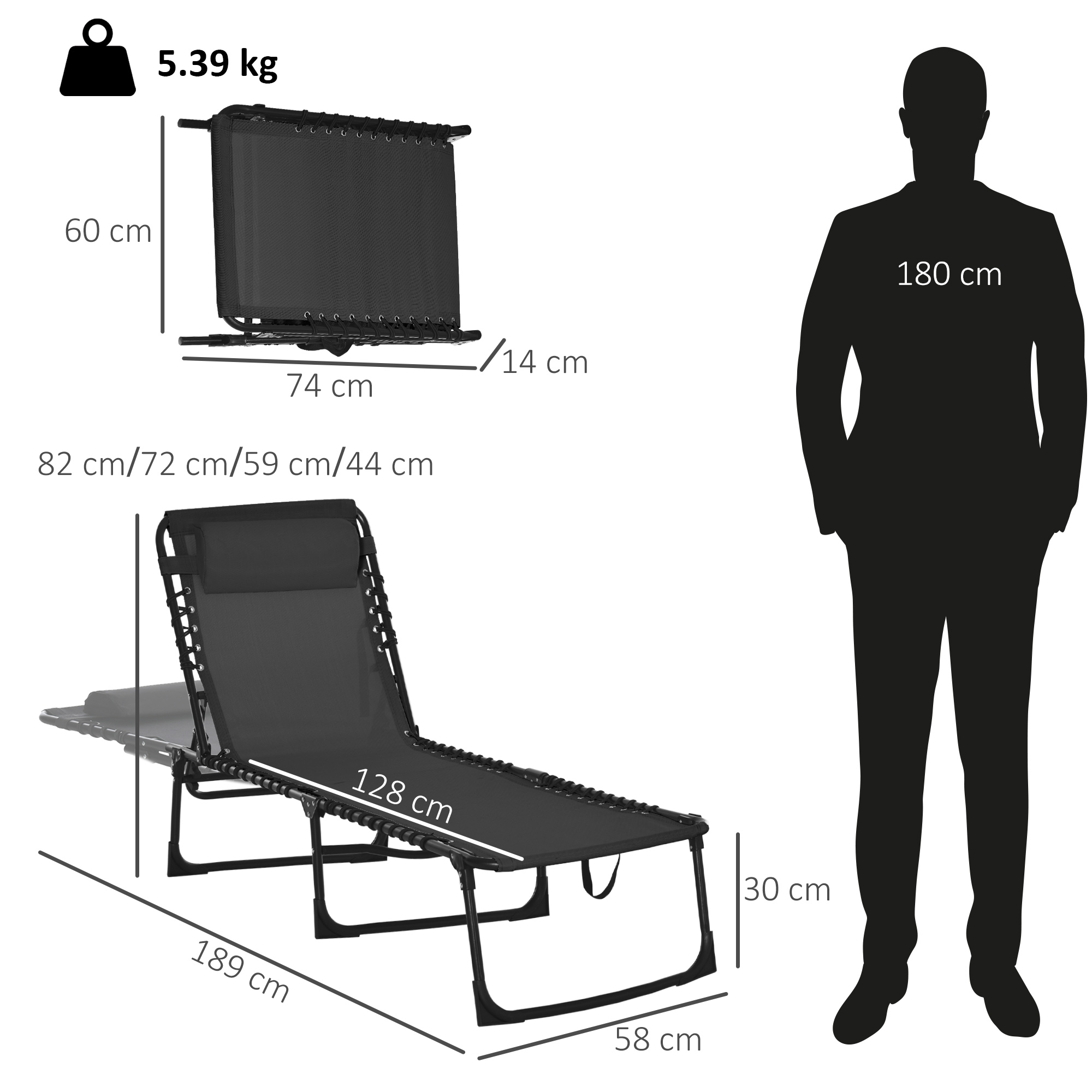 Outsunny Foldable Sun Lounger, Outdoor 4 Level Adjustable Backrest Reclining Chaise Chair, Steel Frame Recliner Chair for Camping, Hiking, Black 3