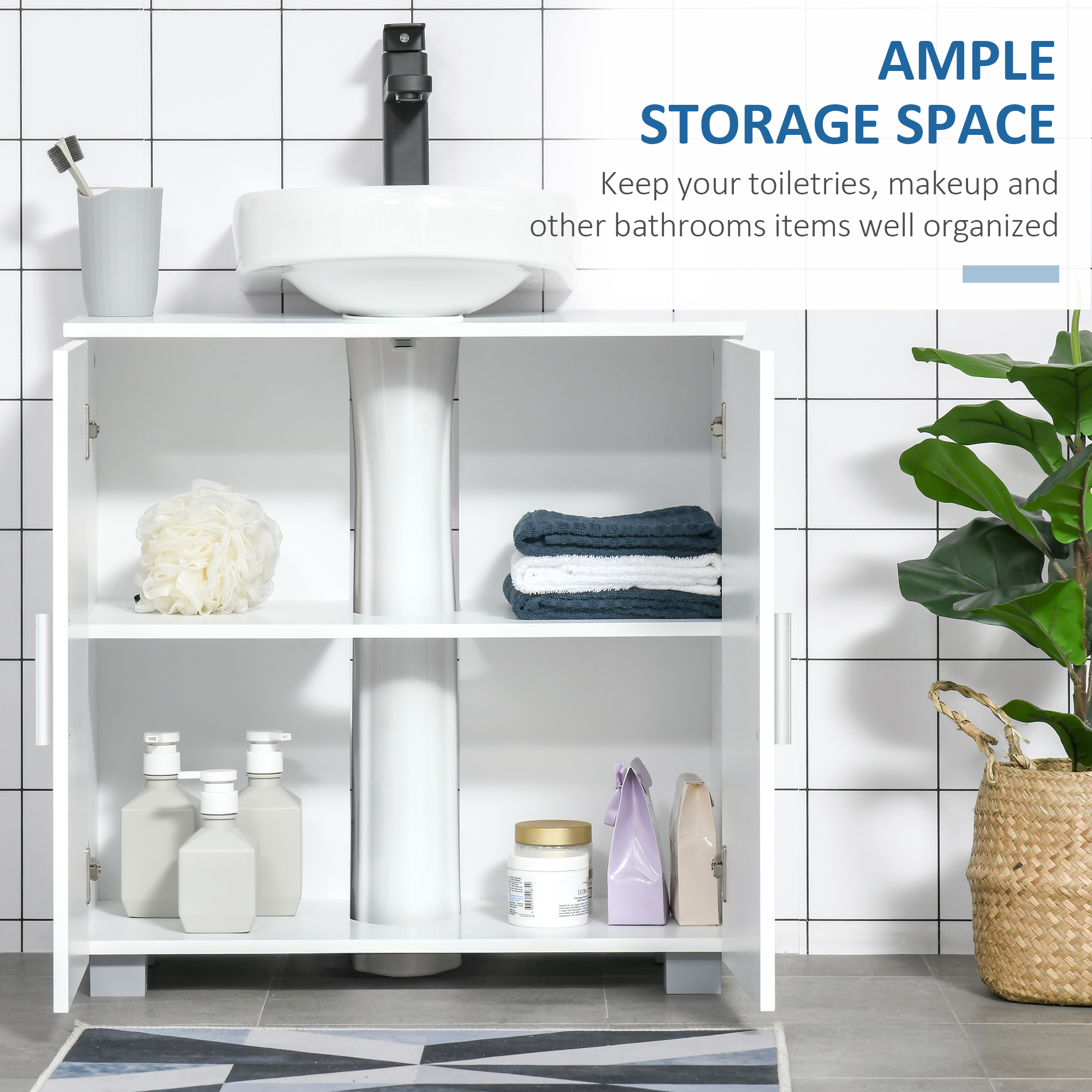 kleankin Pedestal Under Sink Cabinet, Modern Bathroom Vanity Unit, Storage Cupboard with Double Doors, Adjustable Shelf, White 5