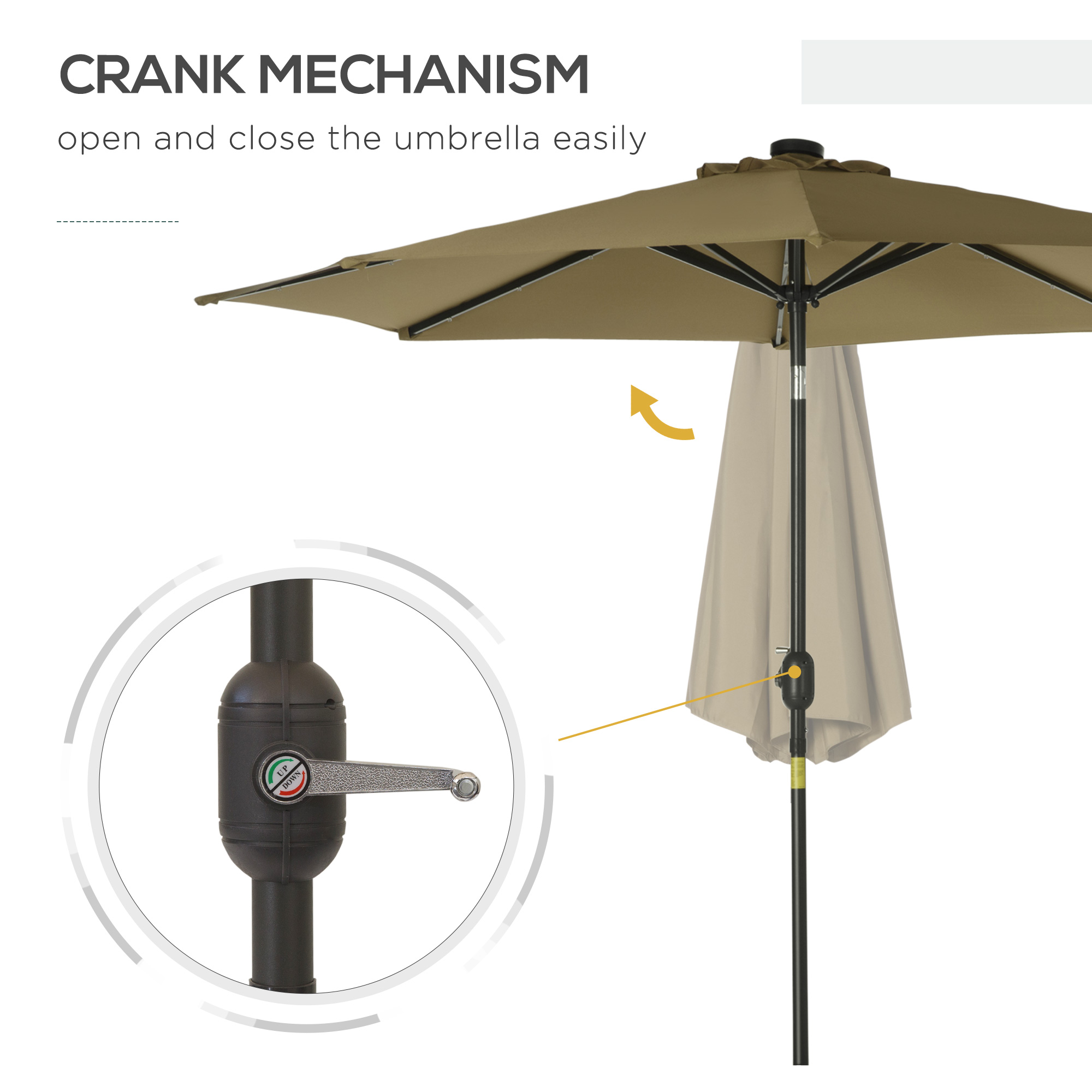 Outsunny 2.7m Patio Garden Umbrella Outdoor Parasol with Tilt Crank and 24 LEDs Lights (Brown) 5