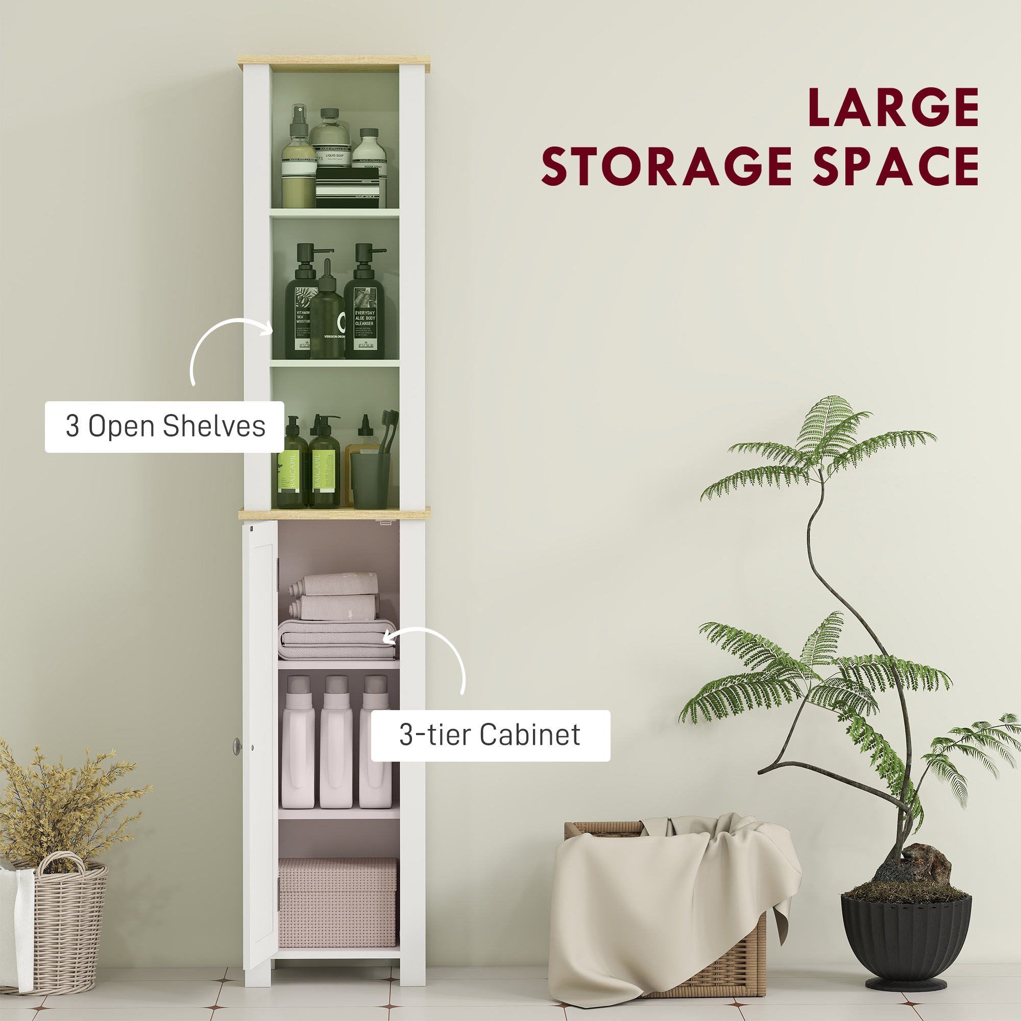 kleankin Slim Bathroom Storage Unit with Open Compartment, Bathroom Storage Cabinet with Adjustable Shelf, 34 x 23 x 165 cm, White 4