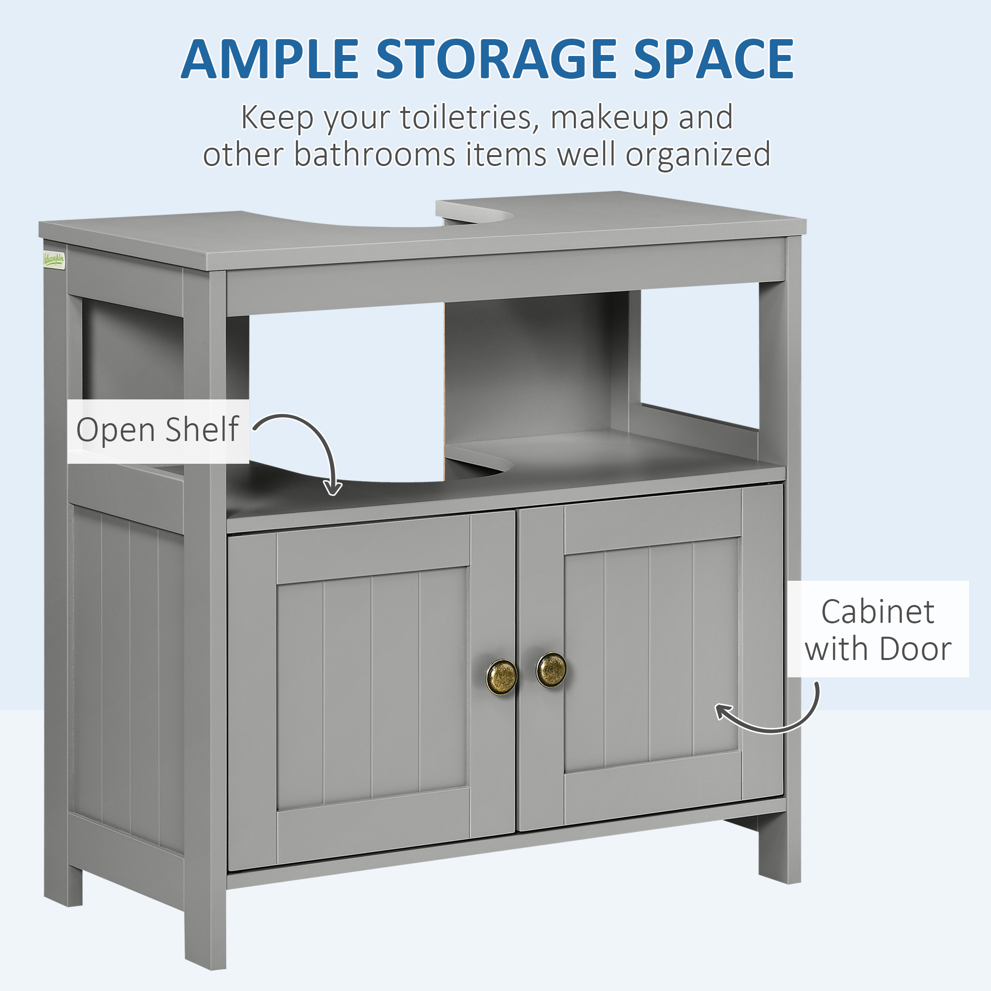 kleankin Pedestal Under Sink Cabinet with Double Doors, Modern Bathroom Vanity Storage Unit with Shelves, Light Grey 5