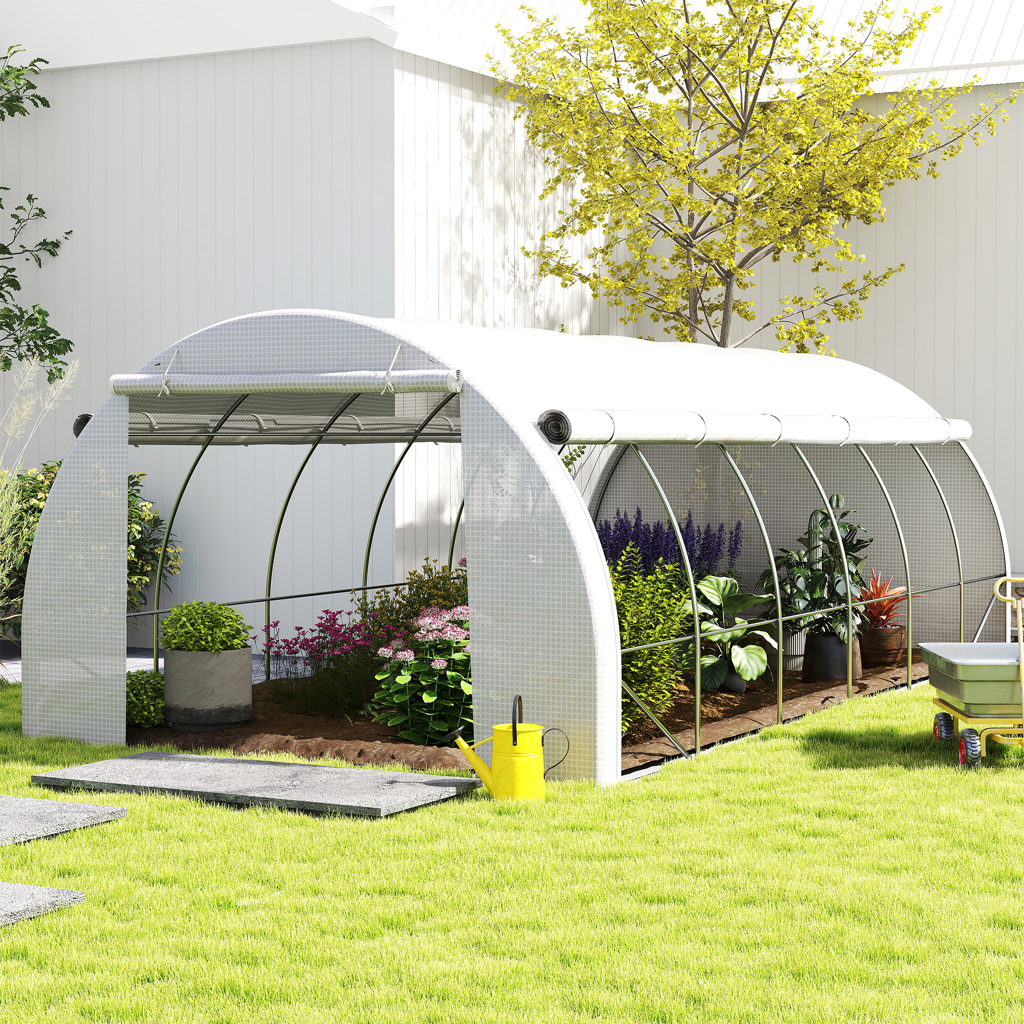 Outsunny 6 x 3 x 2 m Polytunnel Greenhouse with Roll-up Side Walls, Walk-in Grow House Tent with Steel Frame, Reinforced Cover, Zipped Door and 12 Mesh Windows for Garden, White 2