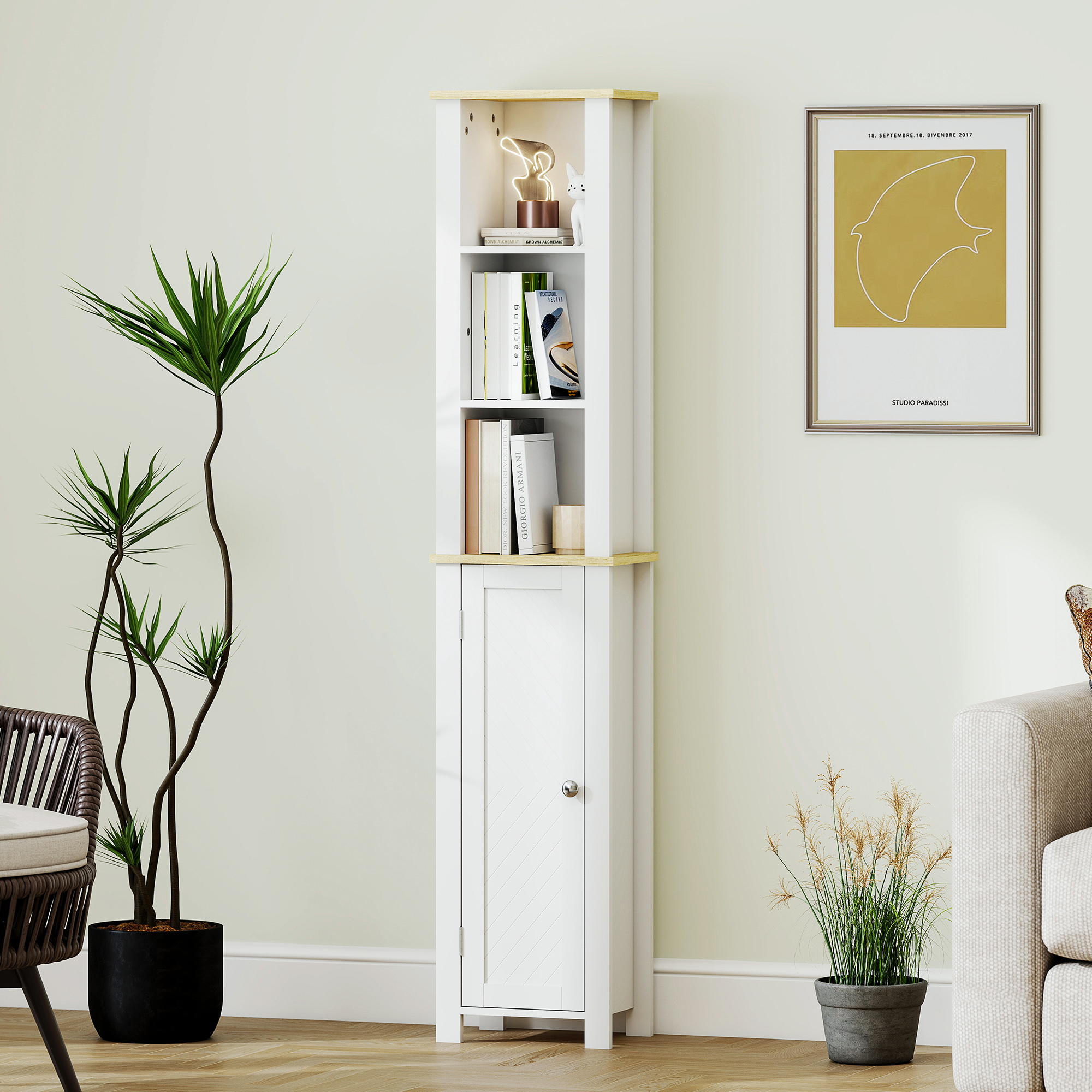 kleankin Slim Bathroom Storage Unit with Open Compartment, Bathroom Storage Cabinet with Adjustable Shelf, 34 x 23 x 165 cm, White 8