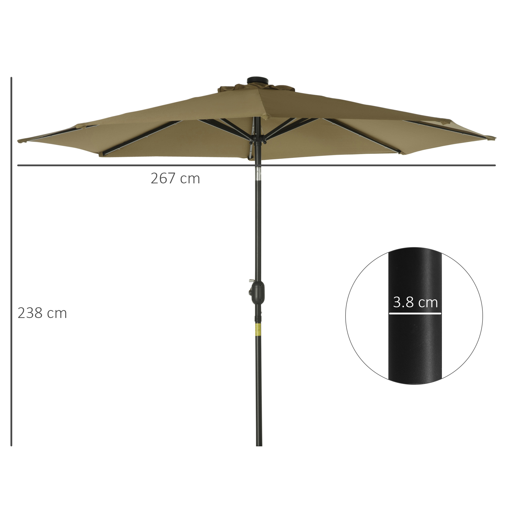 Outsunny 2.7m Patio Garden Umbrella Outdoor Parasol with Tilt Crank and 24 LEDs Lights (Brown) 3