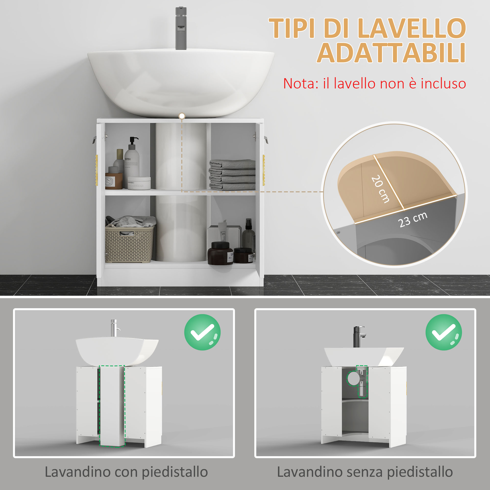 Il Numero 1 Del Risparmio-ARMADIETTO SOTTOLAVABO CON 2 ANTE E 2 MENSOLE Regolabili 60x30x60 Cm Grigio Main