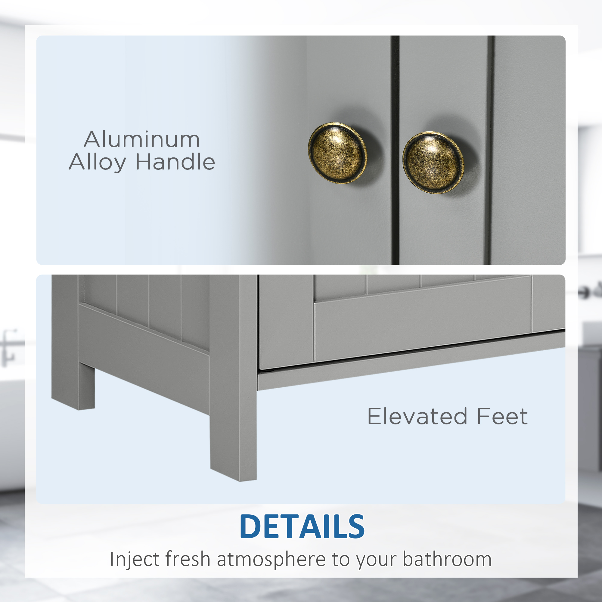 kleankin Pedestal Under Sink Cabinet with Double Doors, Modern Bathroom Vanity Storage Unit with Shelves, Light Grey 6