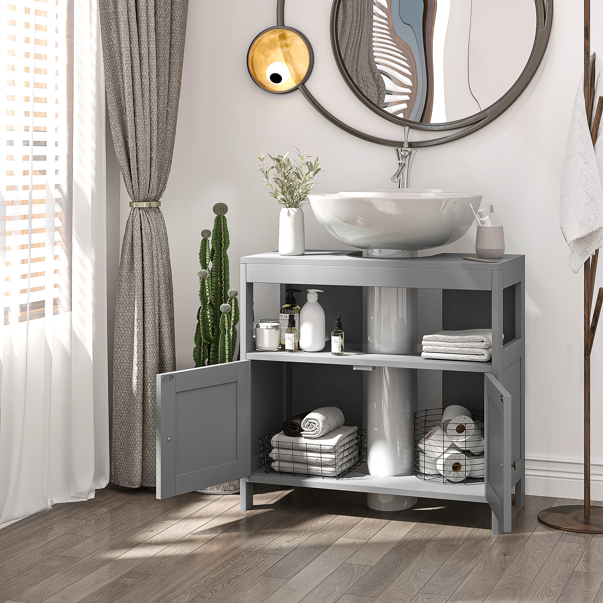 kleankin Pedestal Under Sink Cabinet with Double Doors, Modern Bathroom Vanity Storage Unit with Shelves, Light Grey 7