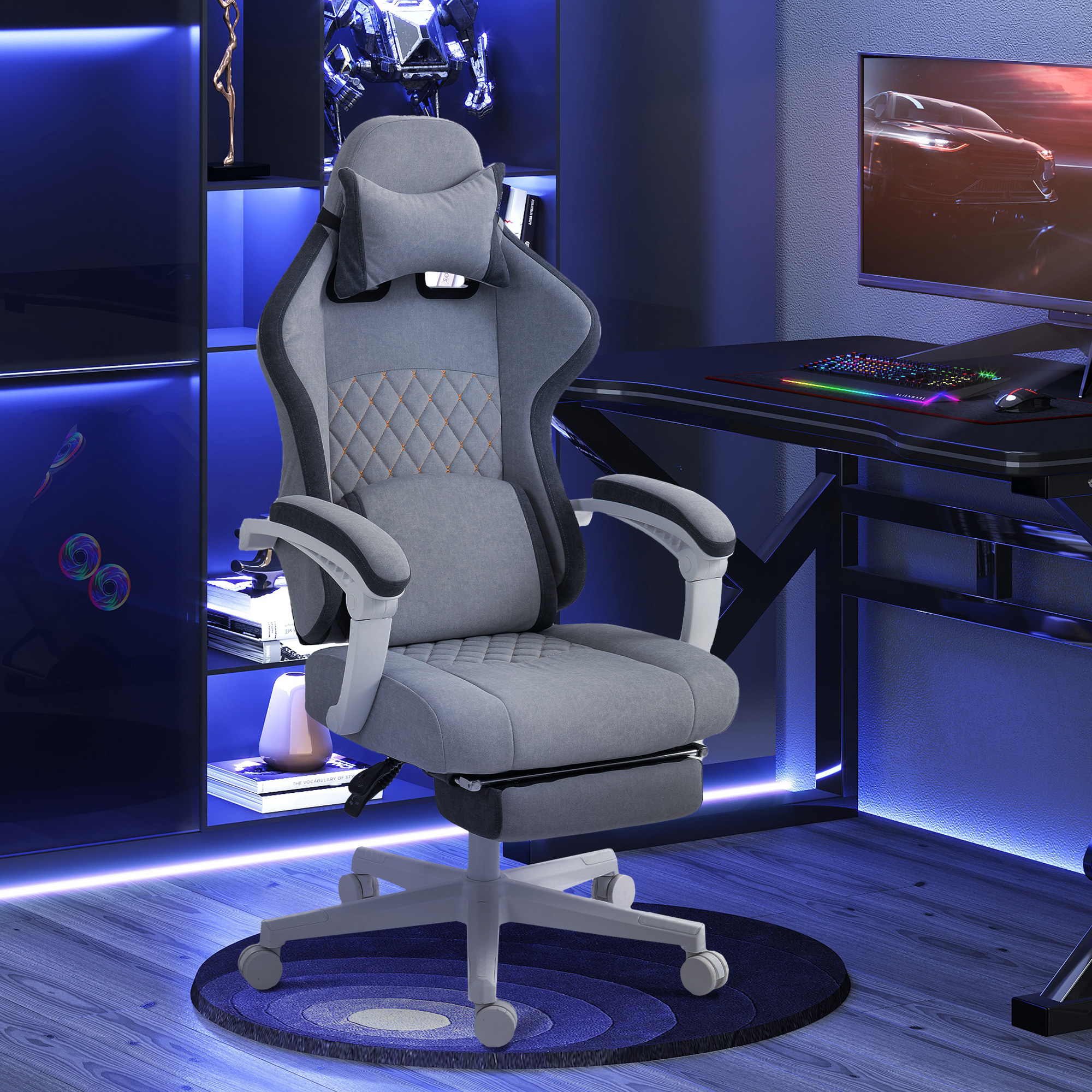 HOMCOM Ergonomic High Back Gaming Chair for Adults, Printed Velvet Computer Recliner Chair with Footrest, Lumbar Support, Adjustable Height and 360° Swivel Seat for Office or Gaming, Grey